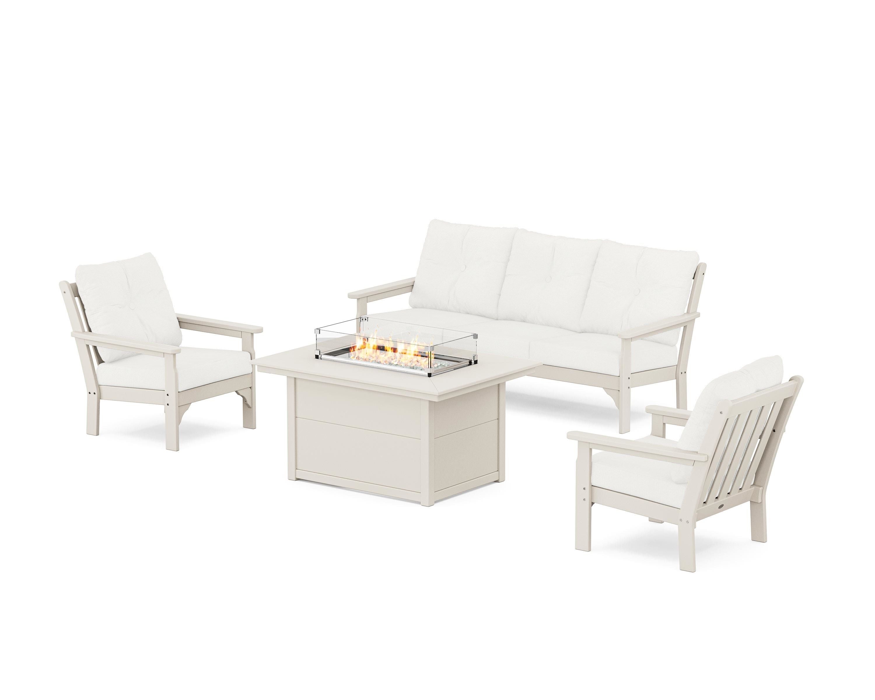 POLYWOOD Vineyard Deep Seating Fire Pit Table Set in Sand / Natural Linen