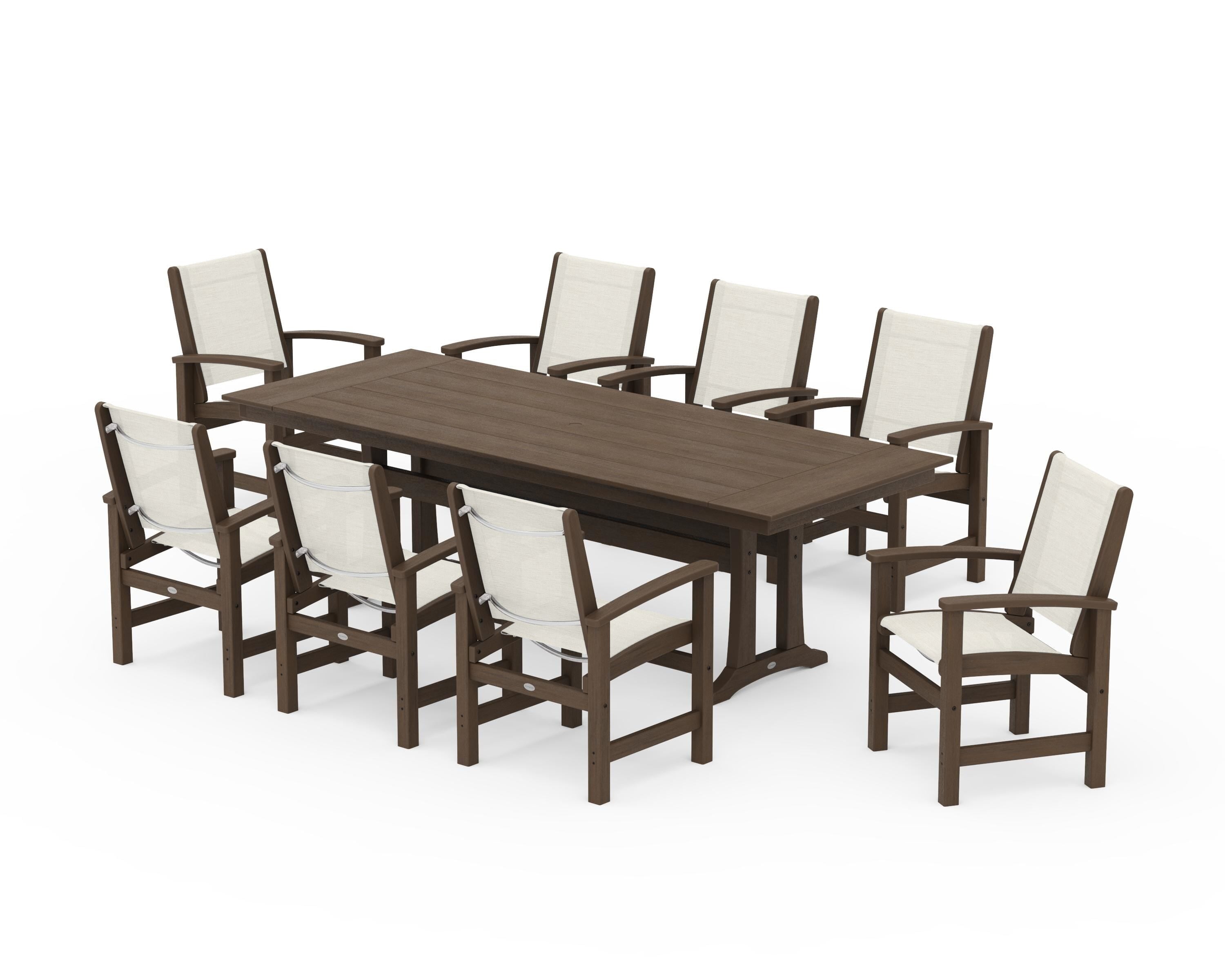 POLYWOOD Coastal 9-Piece Farmhouse Dining Set with Trestle Legs in Kona / Parchment Sling