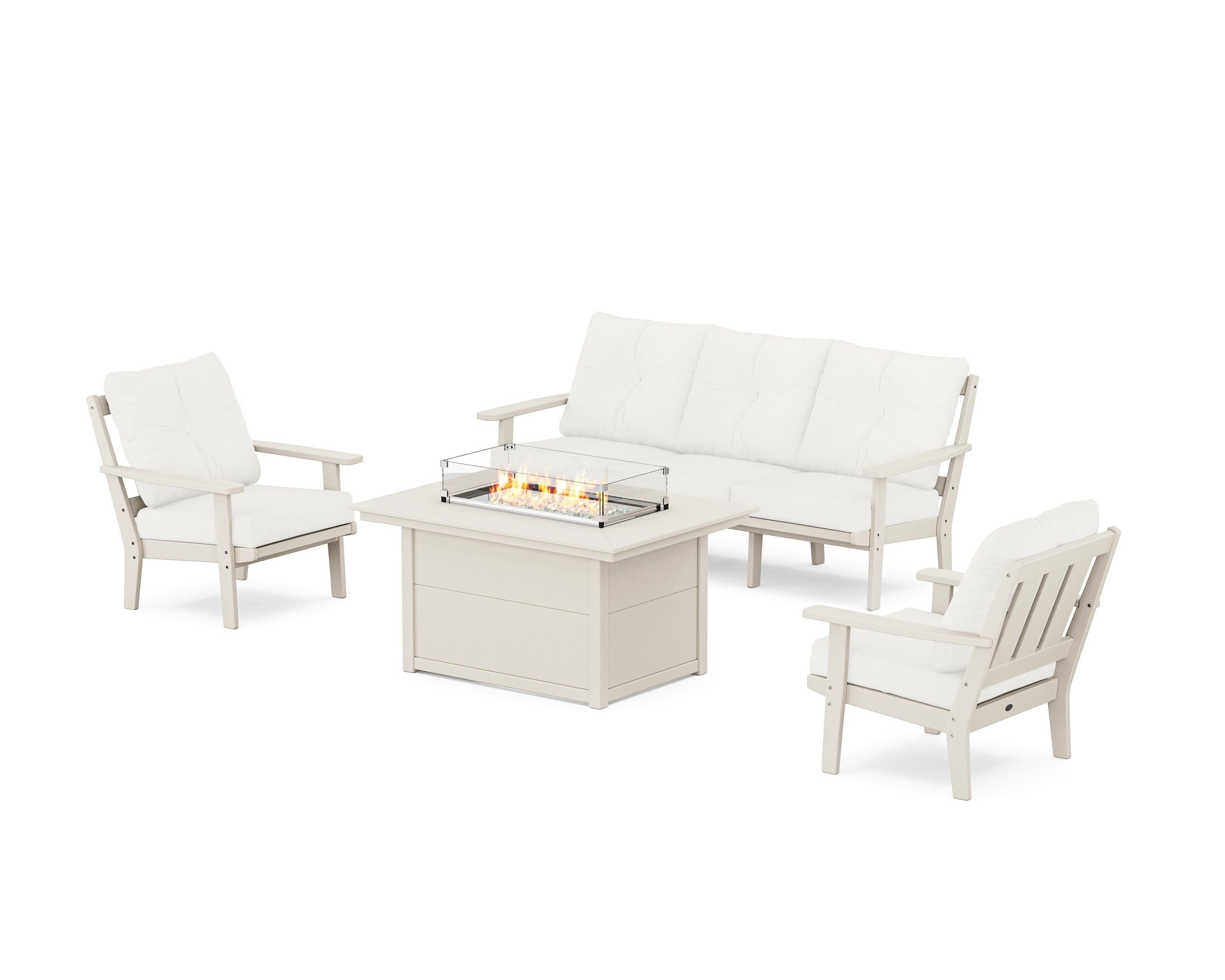 POLYWOOD Oxford Deep Seating Fire Pit Table Set in Sand / Natural Linen