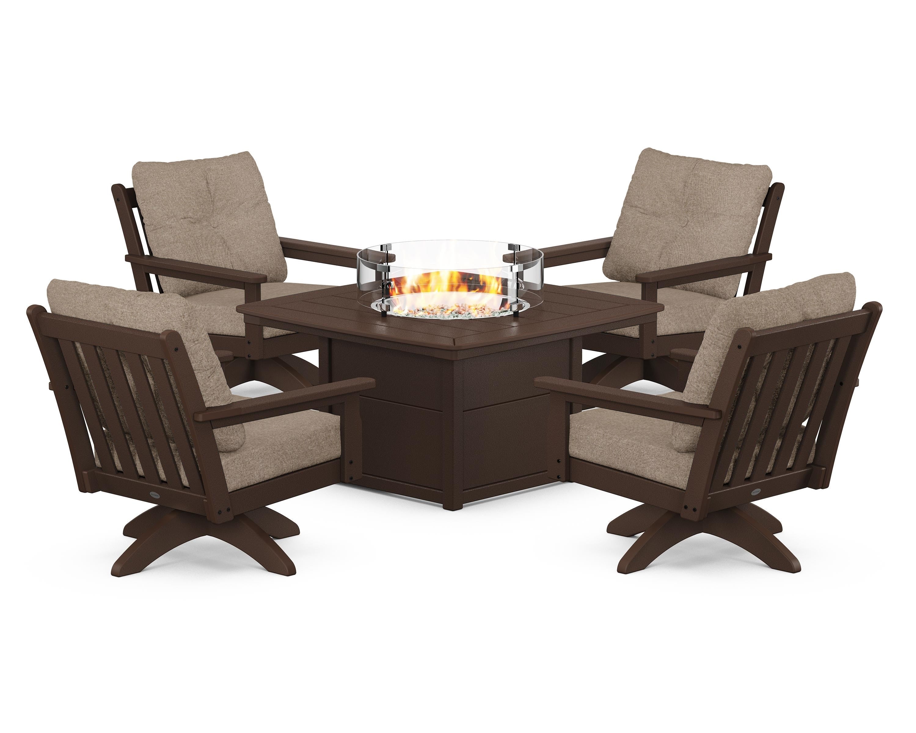 POLYWOOD Vineyard 5-Piece Deep Seating Swivel Conversation Set with Fire Pit Table in Mahogany / Spiced Burlap