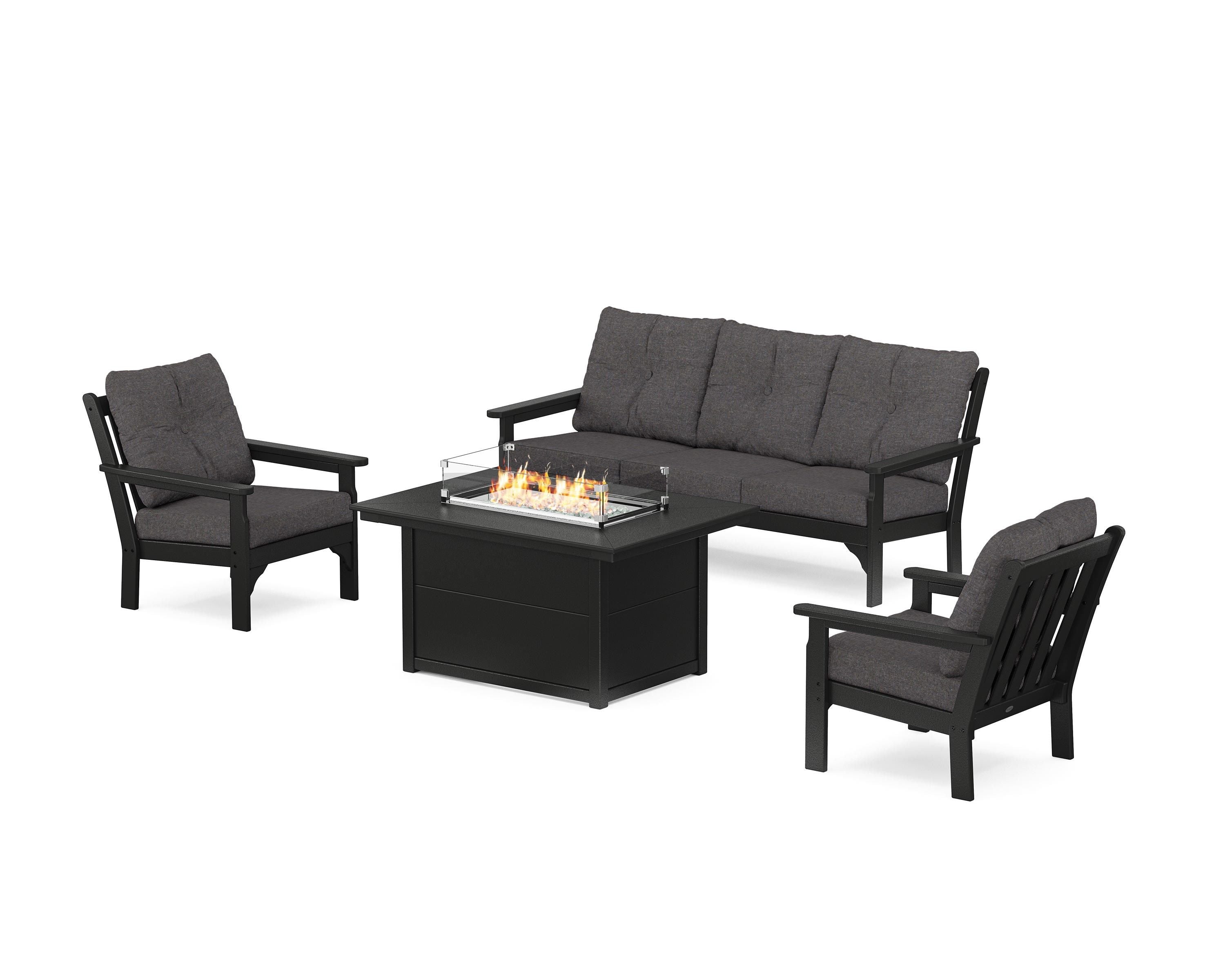 POLYWOOD Vineyard Deep Seating Fire Pit Table Set in Black / Ash Charcoal
