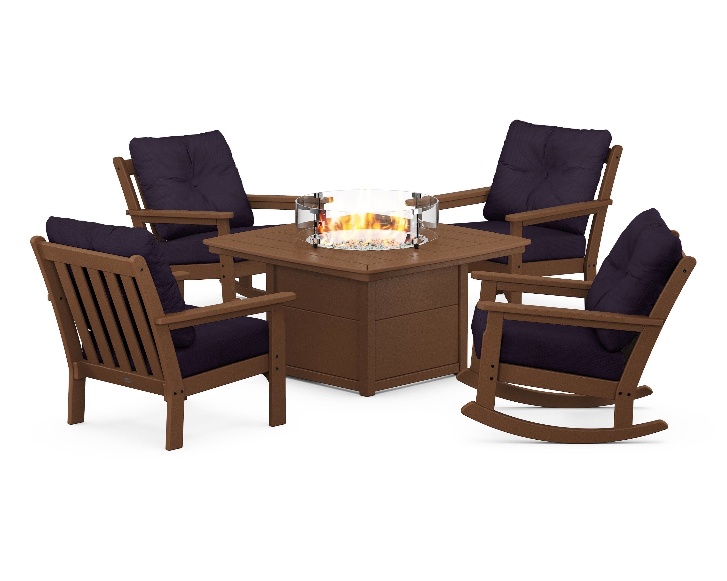 POLYWOOD Vineyard 5-Piece Deep Seating Rocking Chair Conversation Set with Fire Pit Table in Teak / Navy Linen