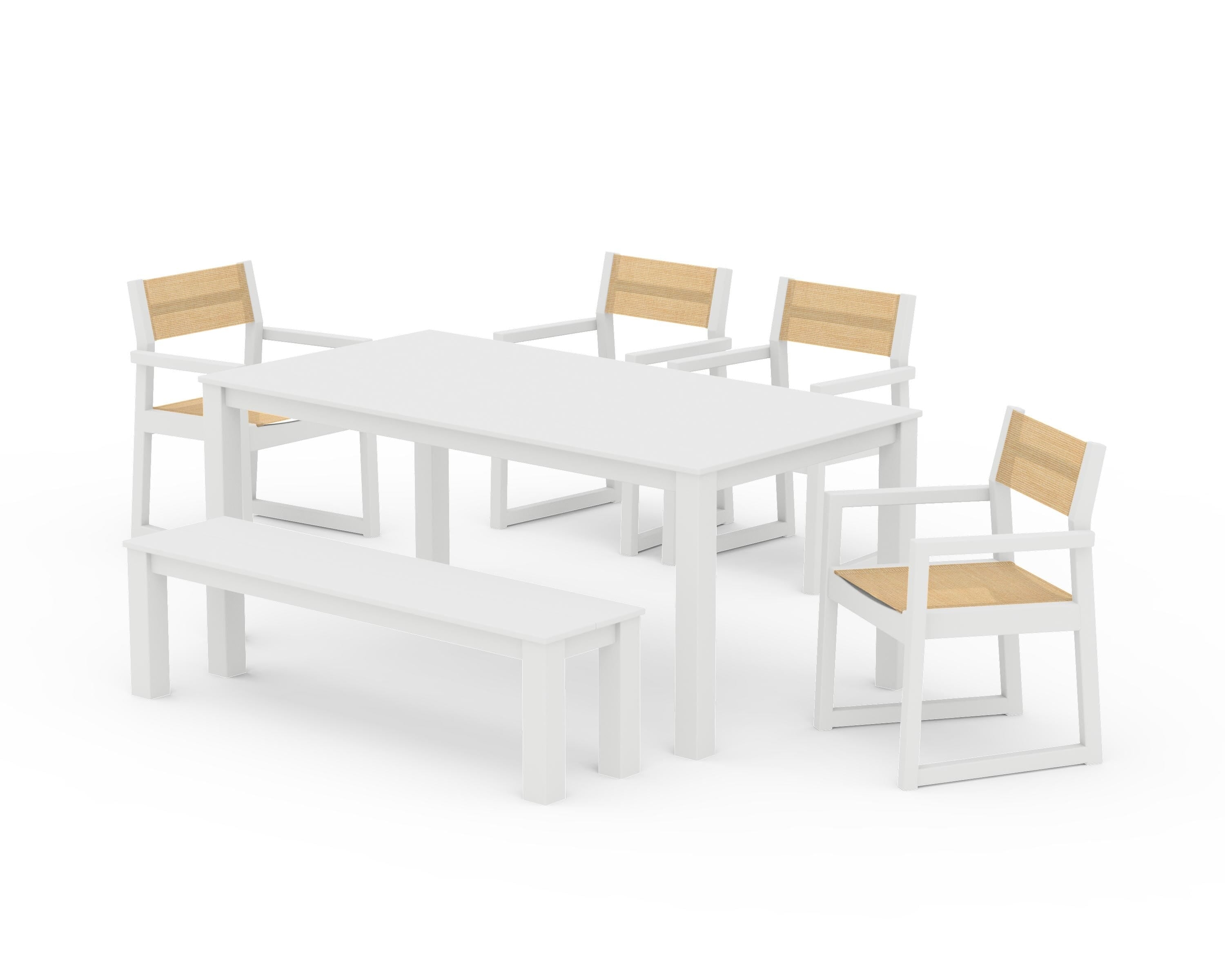 POLYWOOD EDGE Sling Arm Chair 6-Piece Parsons Dining Set with Bench in White / Dupioni Apricot Sling