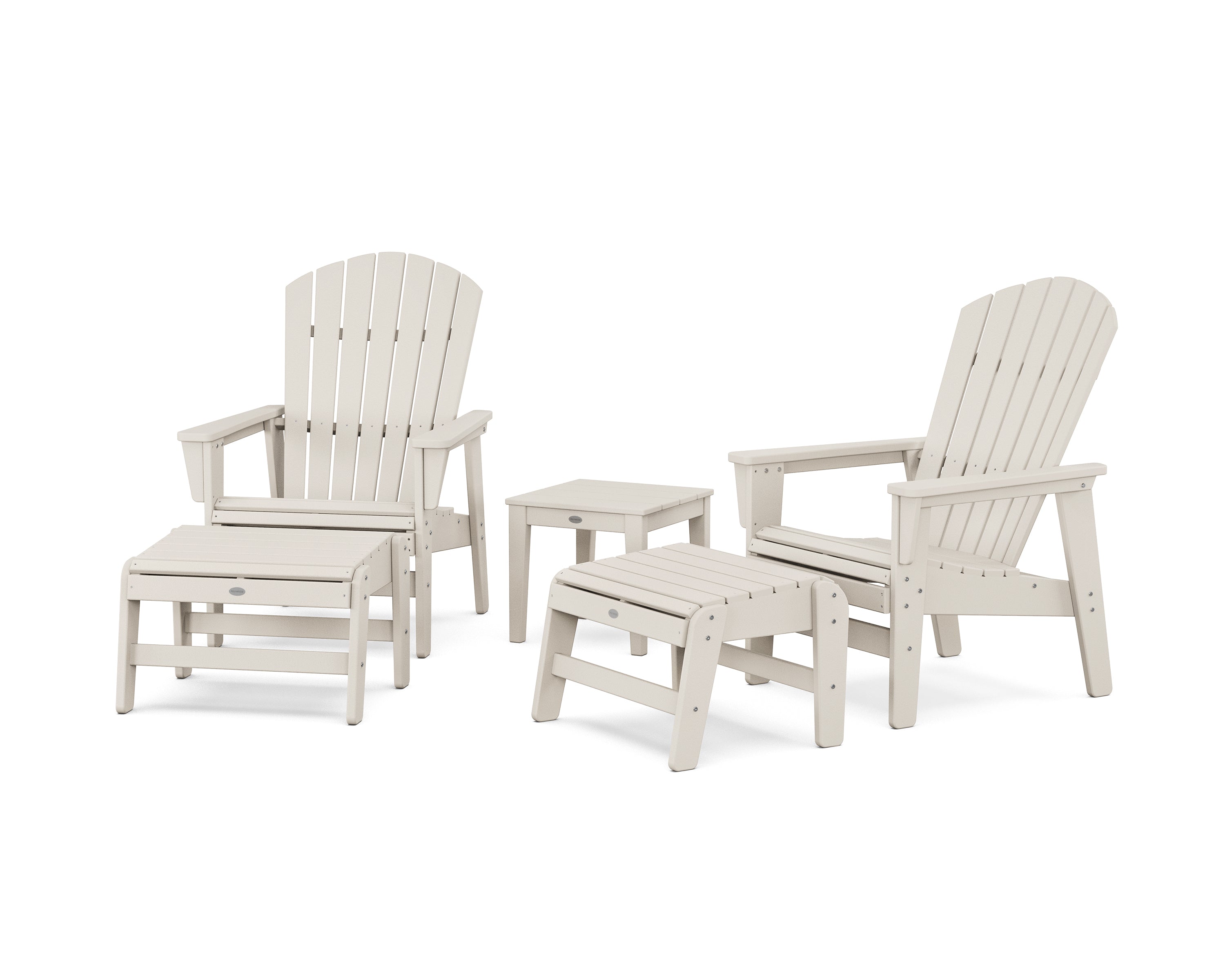 POLYWOOD 5-Piece Nautical Grand Upright Adirondack Set with Ottomans and Side Table in Sand
