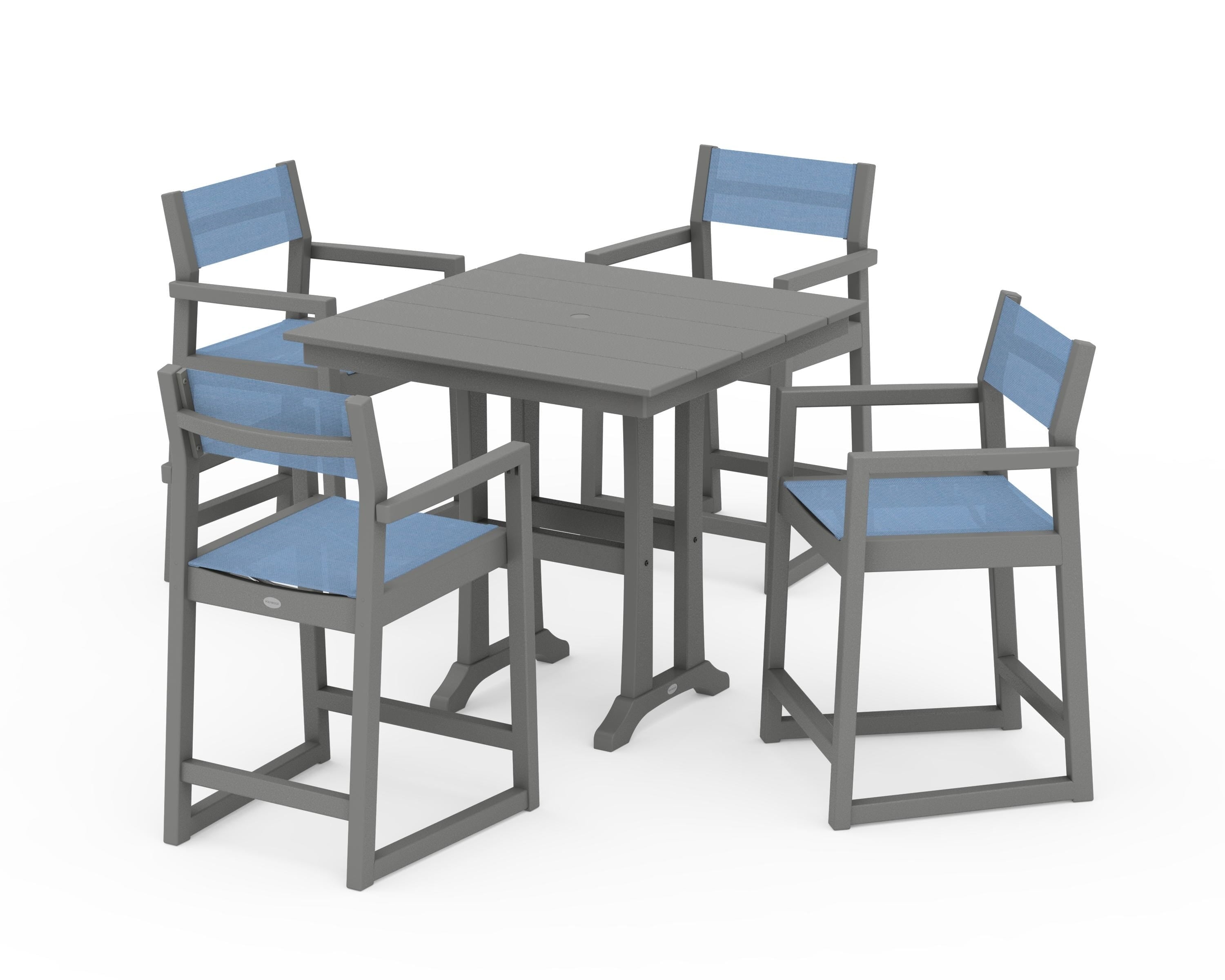 POLYWOOD EDGE Sling Arm Chair 5-Piece Farmhouse Counter Set with Trestle Legs in Slate Grey / Poolside Sling