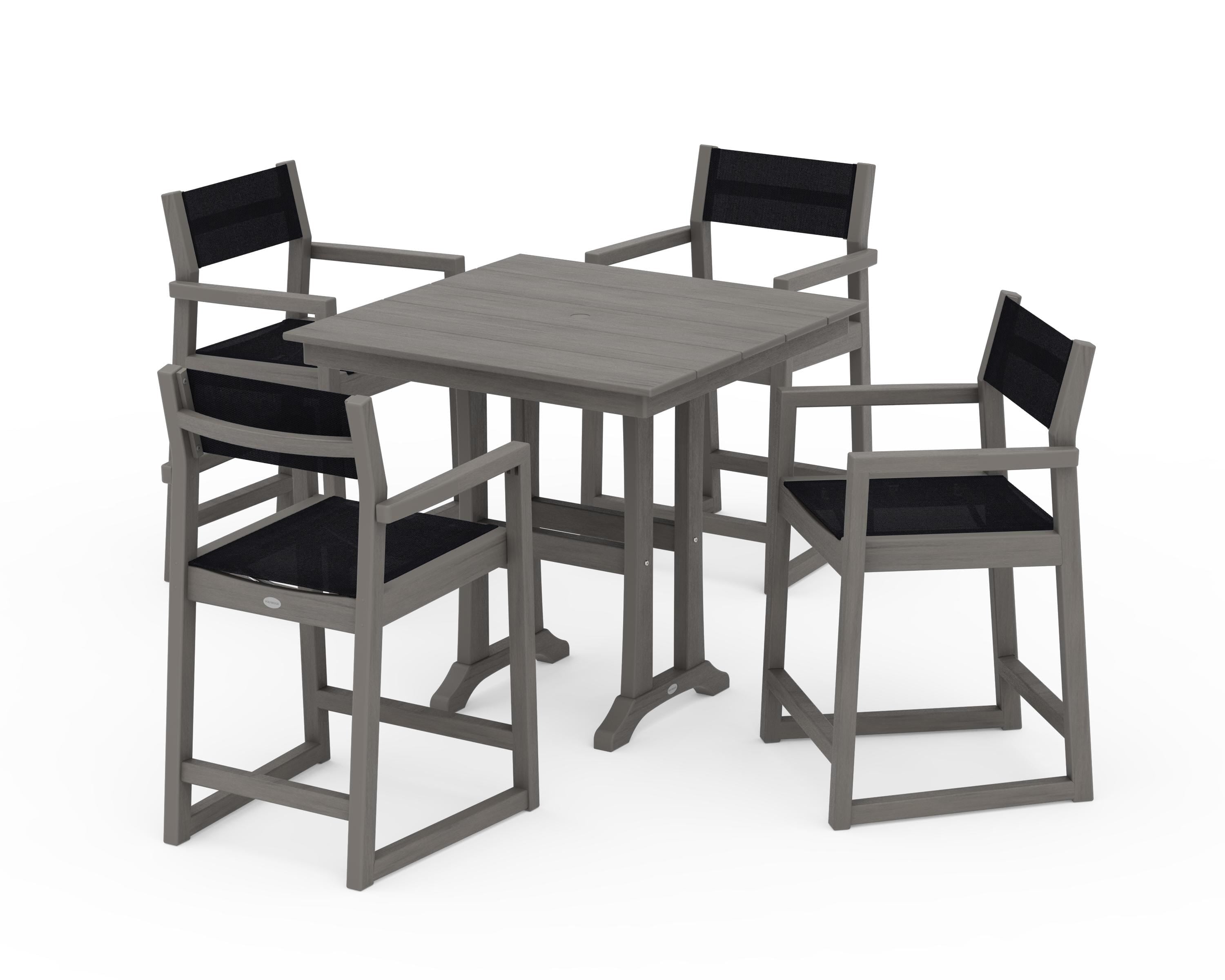 POLYWOOD EDGE Sling Arm Chair 5-Piece Farmhouse Counter Set with Trestle Legs in Driftwood / Black Sling