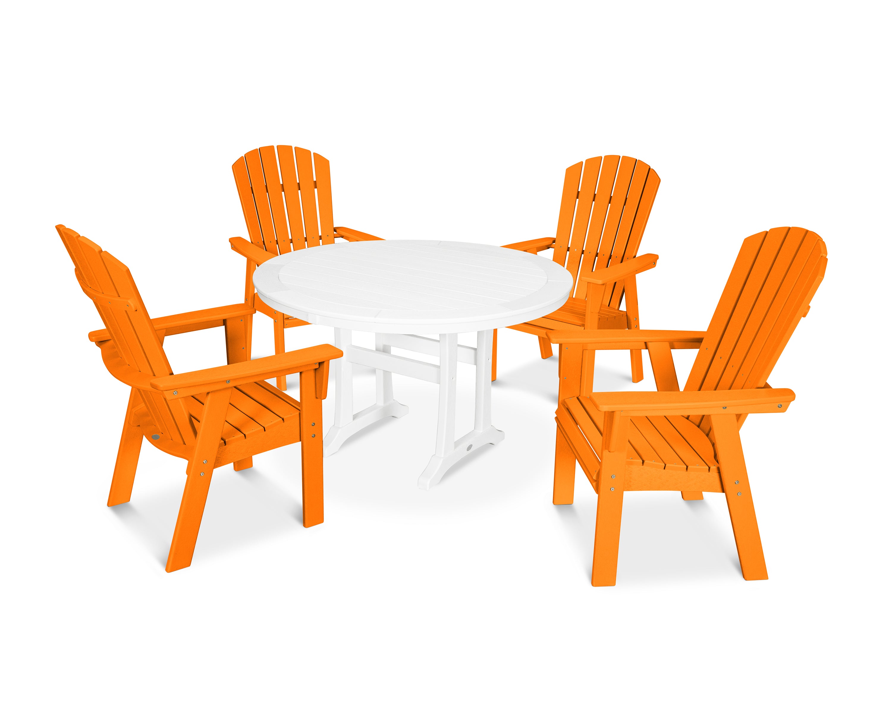 POLYWOOD® Nautical Curveback Adirondack 5-Piece Round Dining Set with Trestle Legs in Tangerine / White