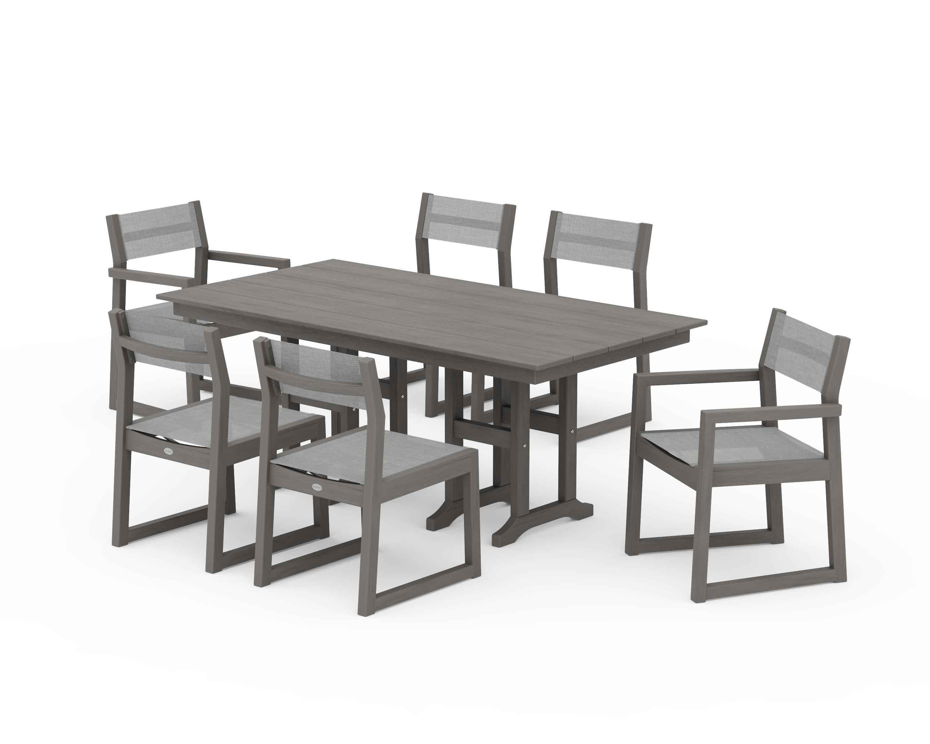 POLYWOOD EDGE Sling 7-Piece Farmhouse Dining Set in Driftwood / Metallic Sling