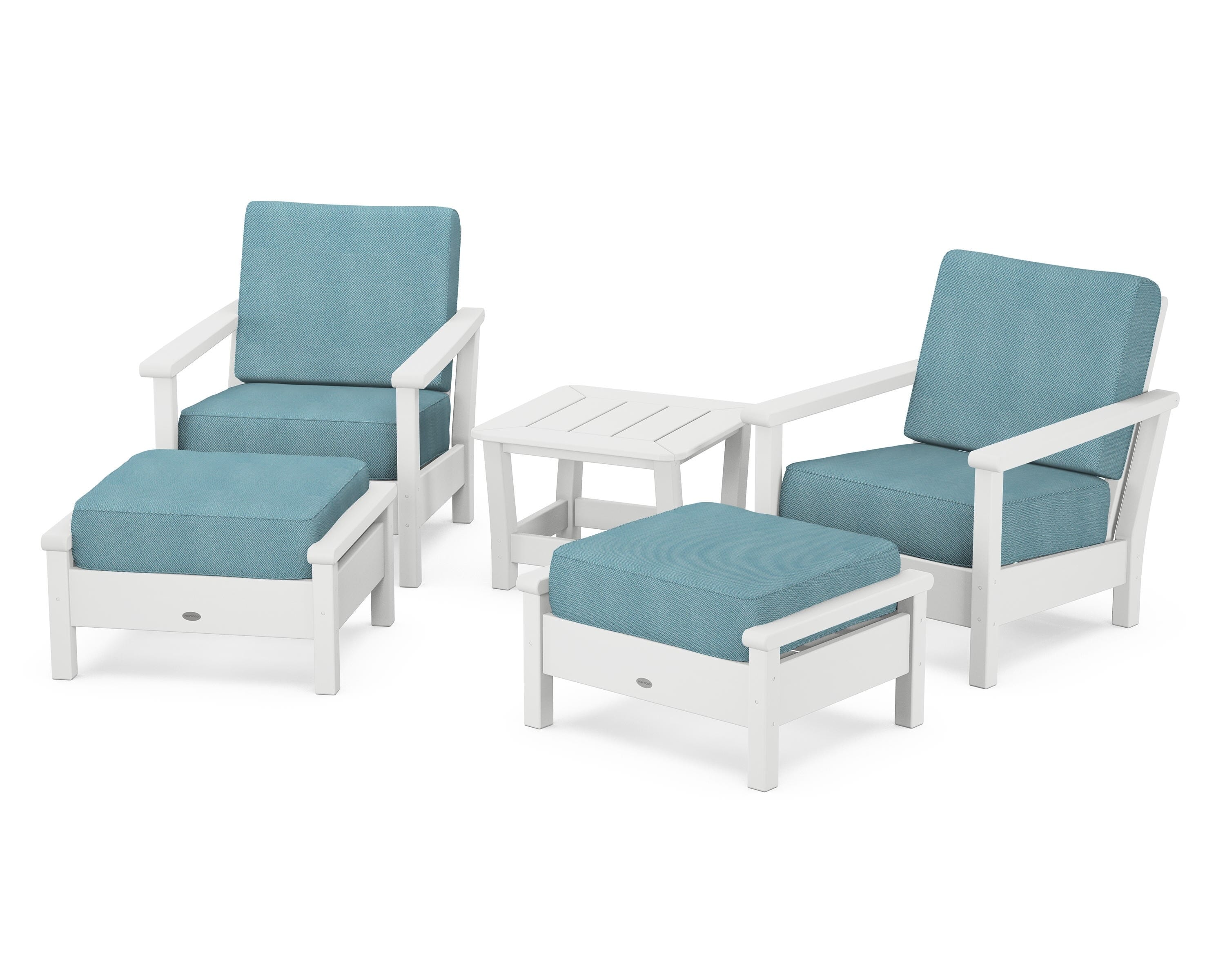 POLYWOOD Harbour 5-Piece Deep Seating Chair Set in White / Lattice Sky Blue