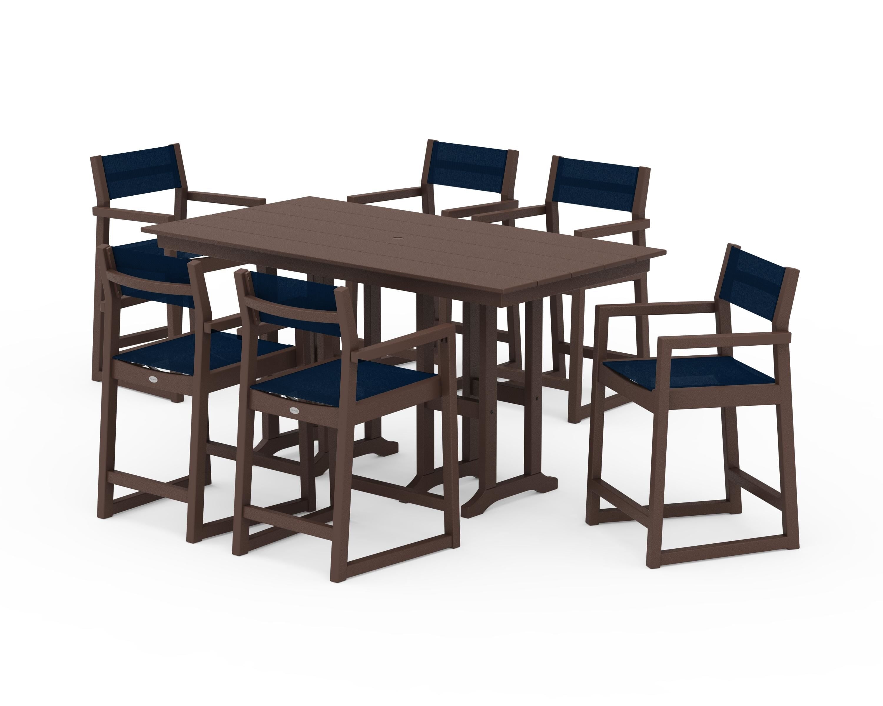POLYWOOD EDGE Sling Arm Chair 7-Piece Farmhouse Counter Set in Mahogany / Navy Blue Sling