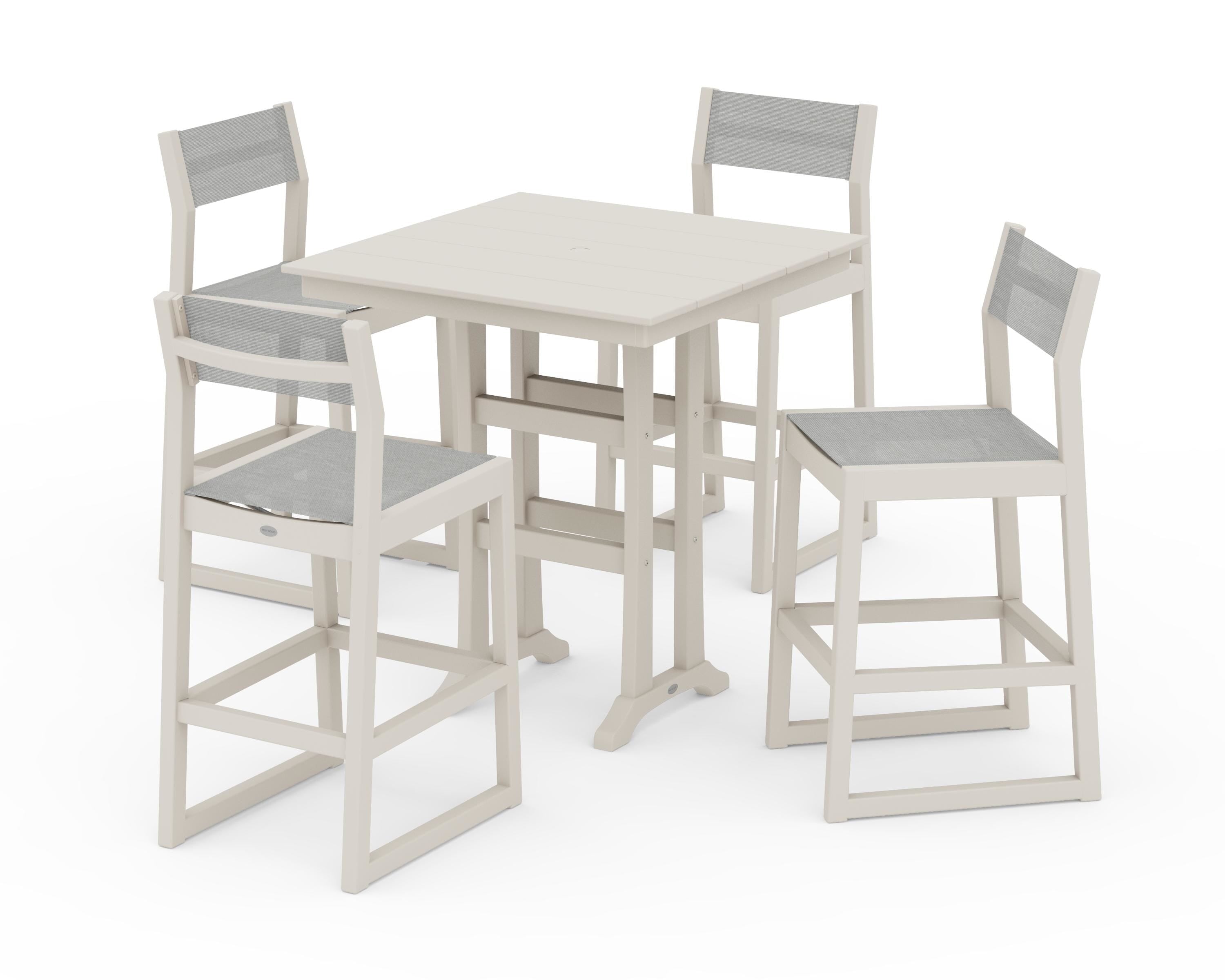 POLYWOOD EDGE Sling Arm Chair 5-Piece Farmhouse Bar Set with Trestle Legs in Sand / Metallic Sling
