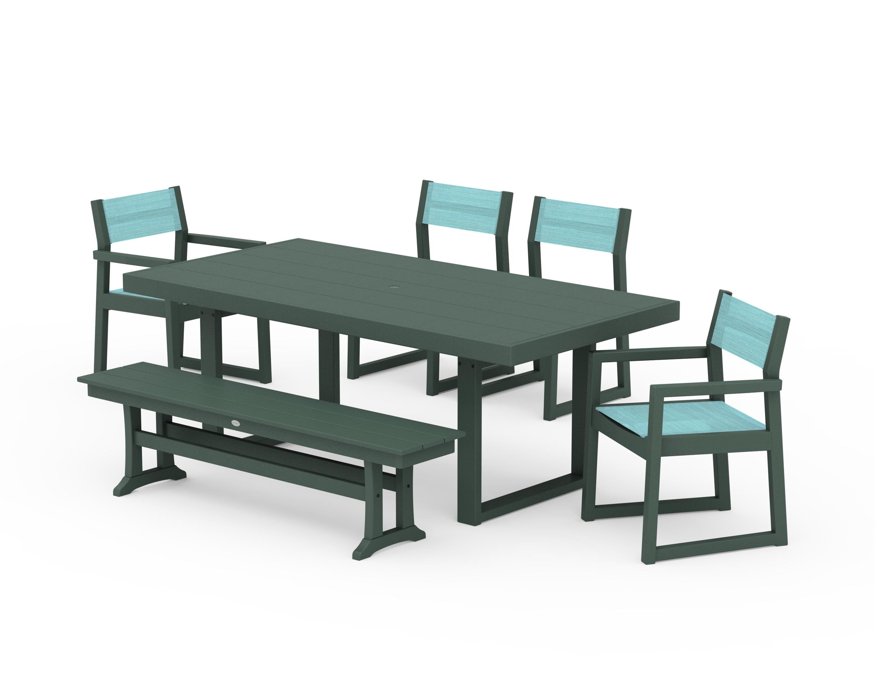 POLYWOOD EDGE Sling 6-Piece Dining Set with Bench in Green / Dupioni Aquamarine Sling