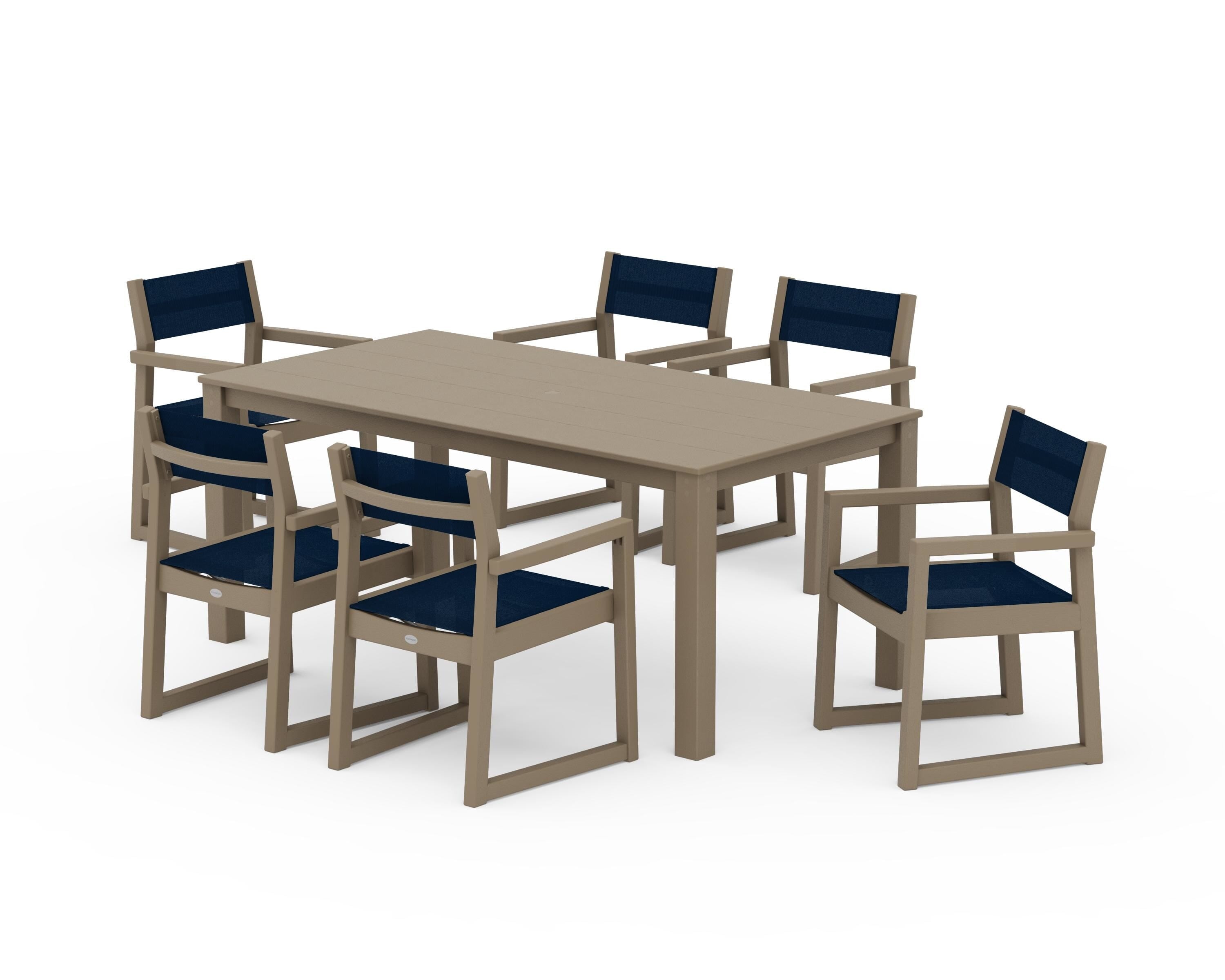 POLYWOOD EDGE Sling Arm Chair 7-Piece Parsons Dining Set in Vintage Sahara / Navy Blue Sling