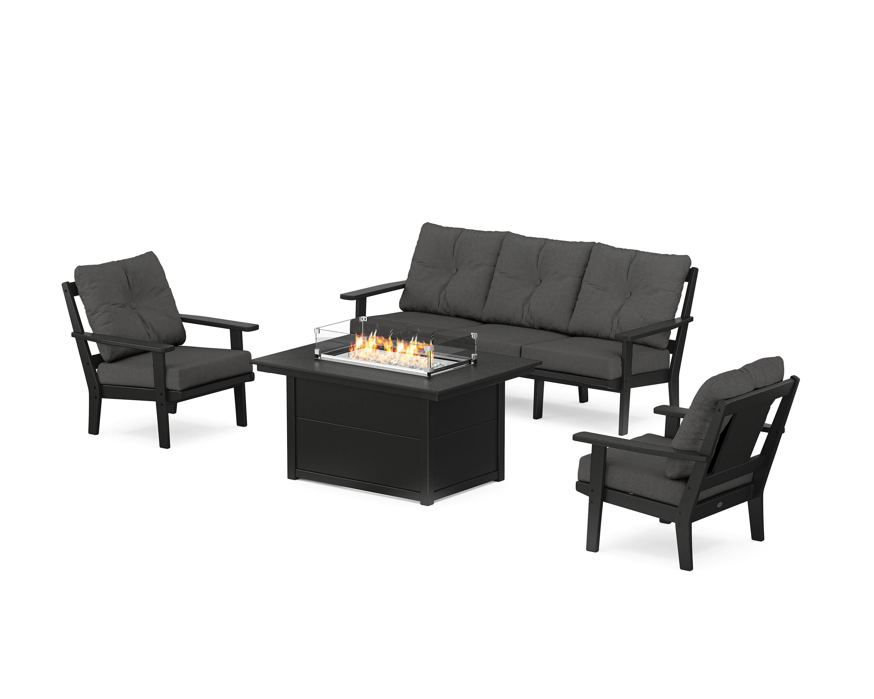 POLYWOOD Prairie Deep Seating Fire Pit Table Set in Black / Spectrum Carbon