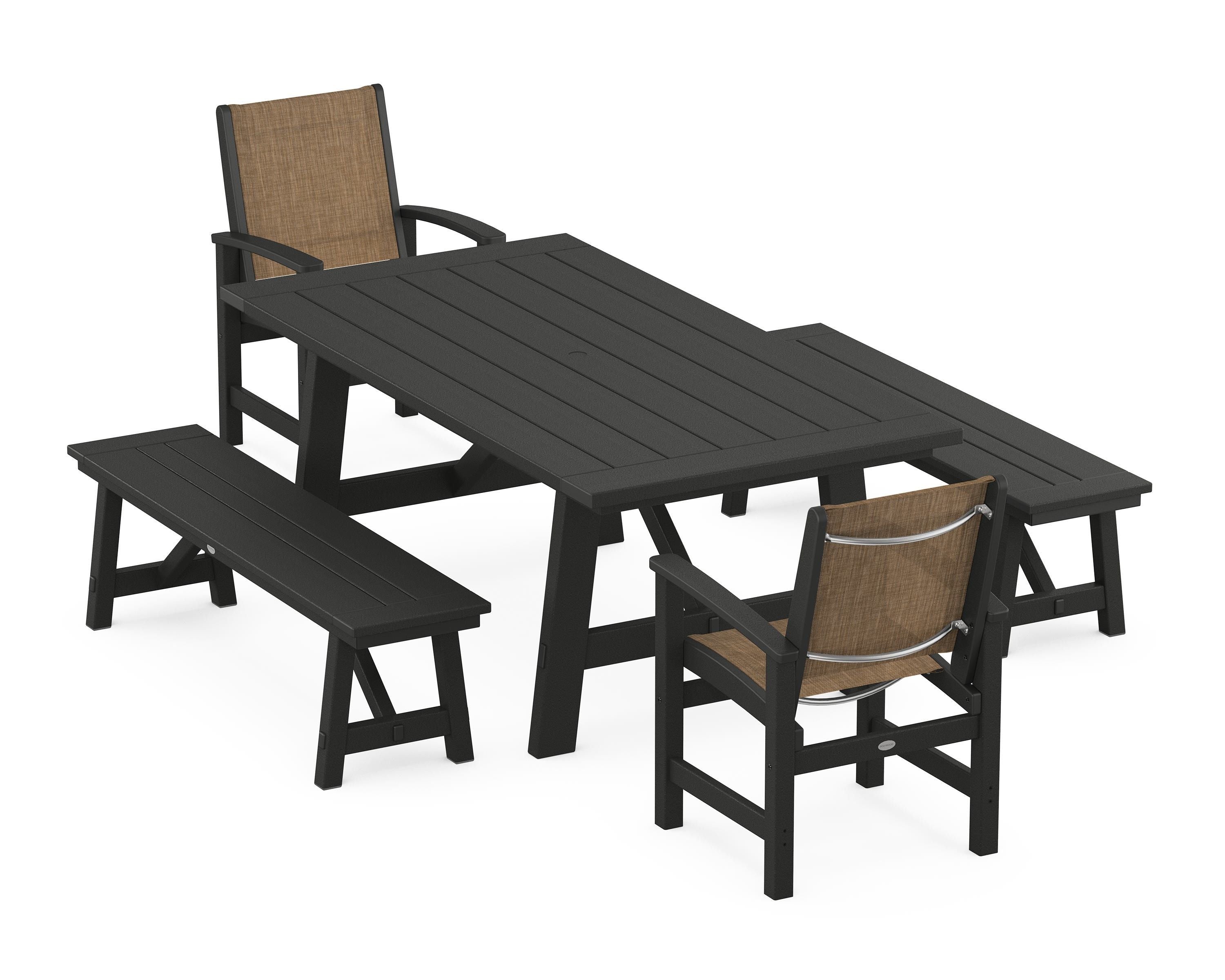 POLYWOOD Coastal 5-Piece Rustic Farmhouse Dining Set With Benches in Black / Burlap Sling