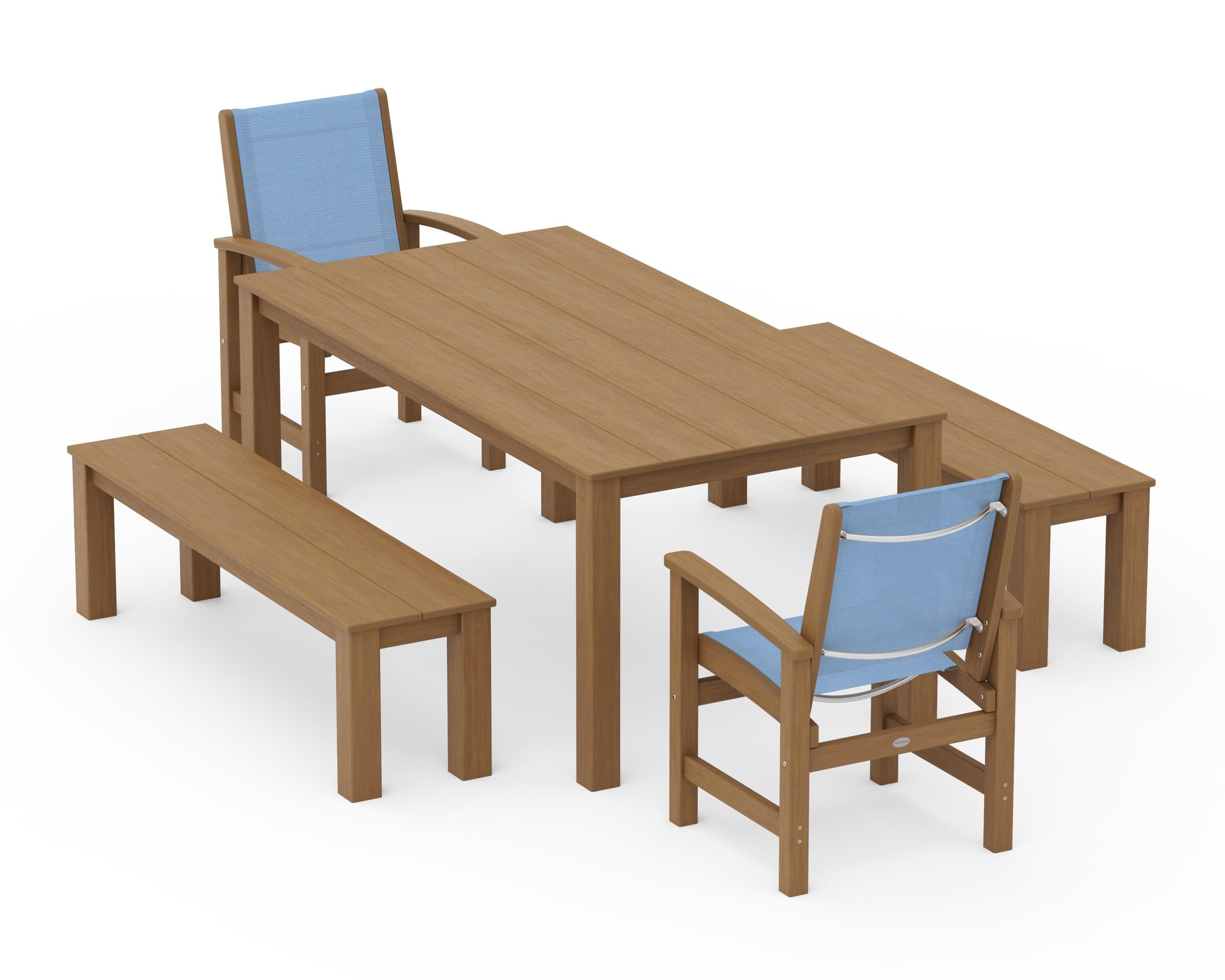 POLYWOOD Coastal 5-Piece Parsons Dining Set with Benches in Natural / Poolside Sling