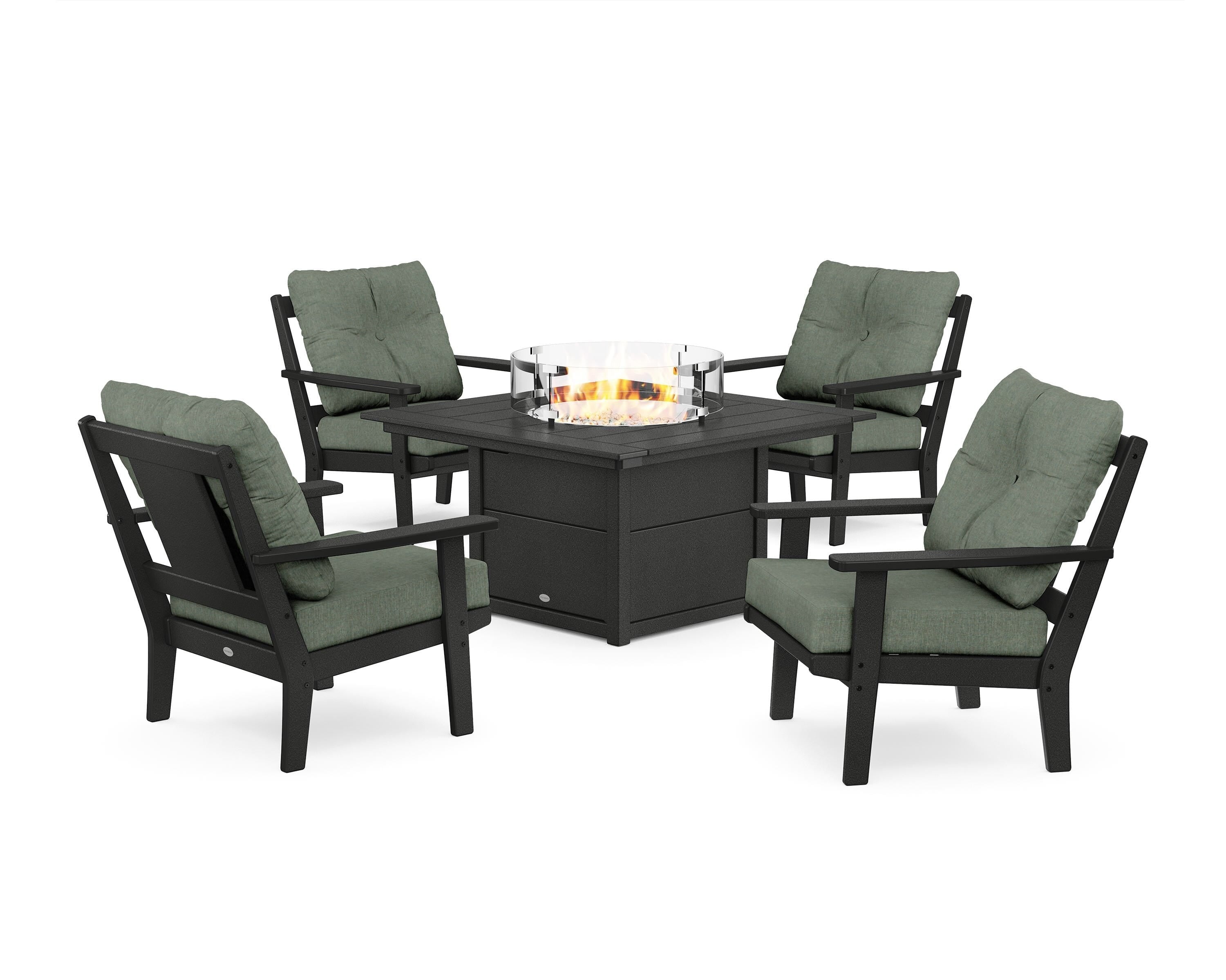 POLYWOOD Prairie 5-Piece Deep Seating Set with Fire Pit Table in Black / Cast Sage