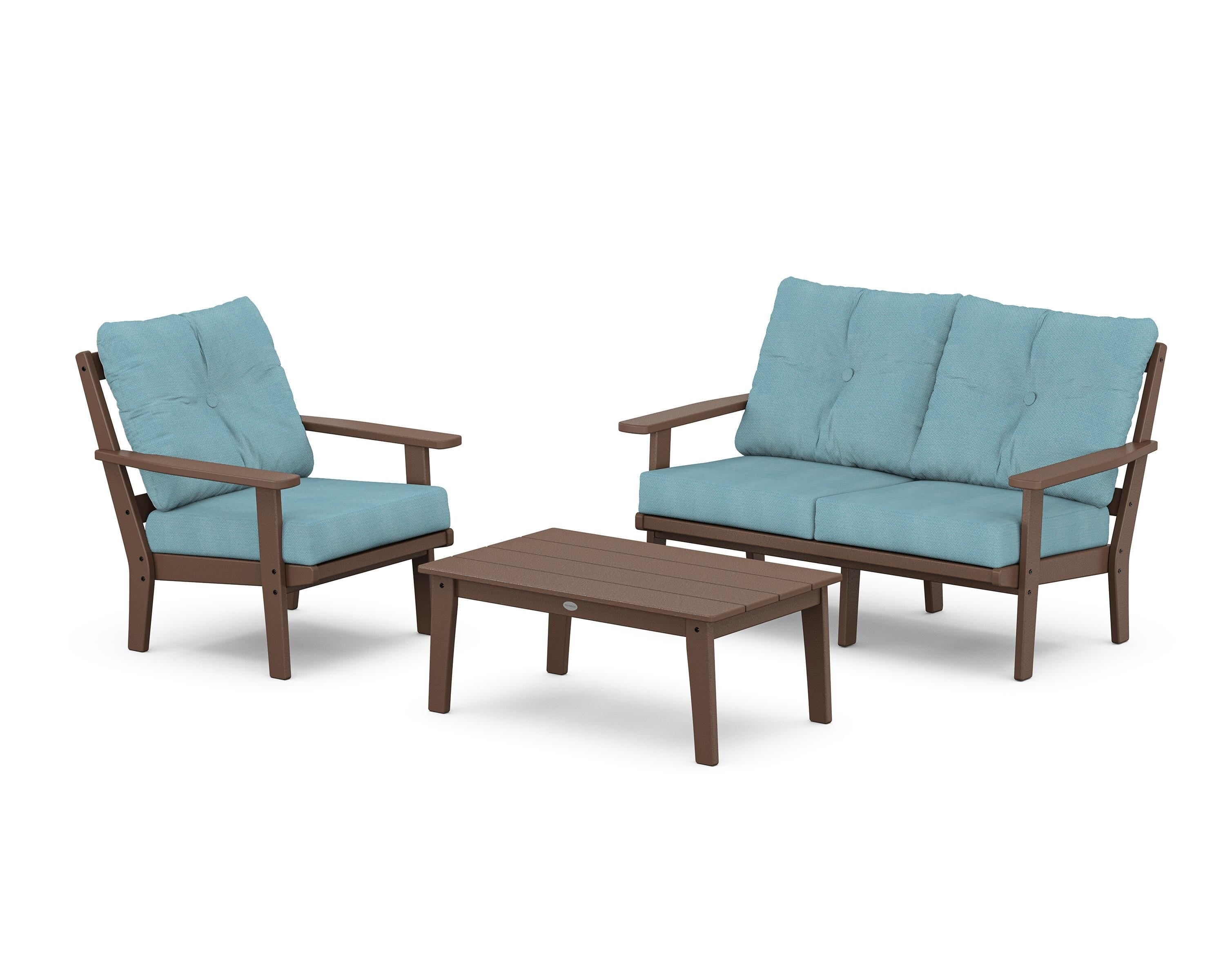 POLYWOOD Prairie 3-Piece Deep Seating Set with Loveseat in Mahogany / Lattice Sky Blue