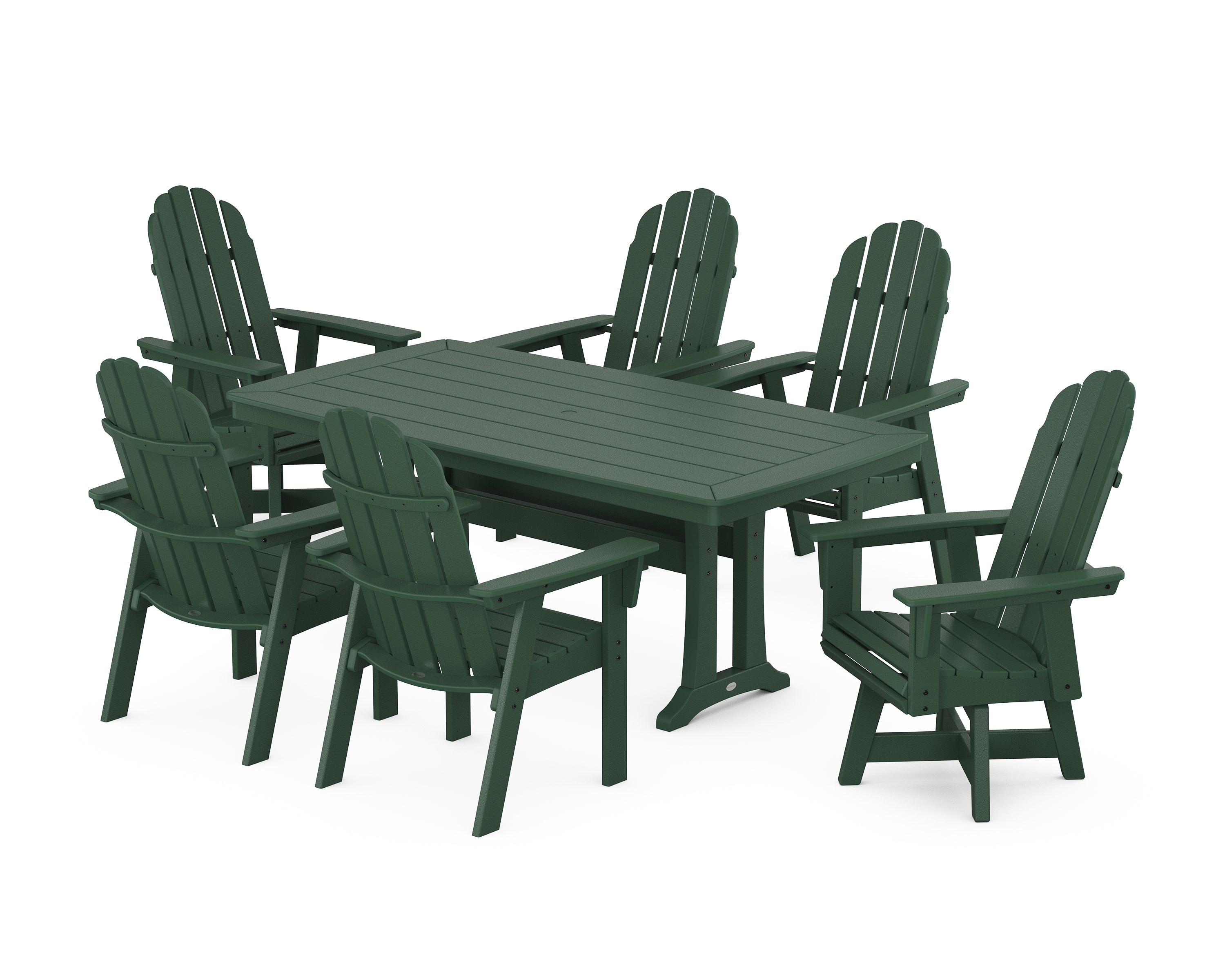 POLYWOOD® Vineyard Curveback Adirondack Swivel Chair 7-Piece Dining Set with Trestle Legs in Green