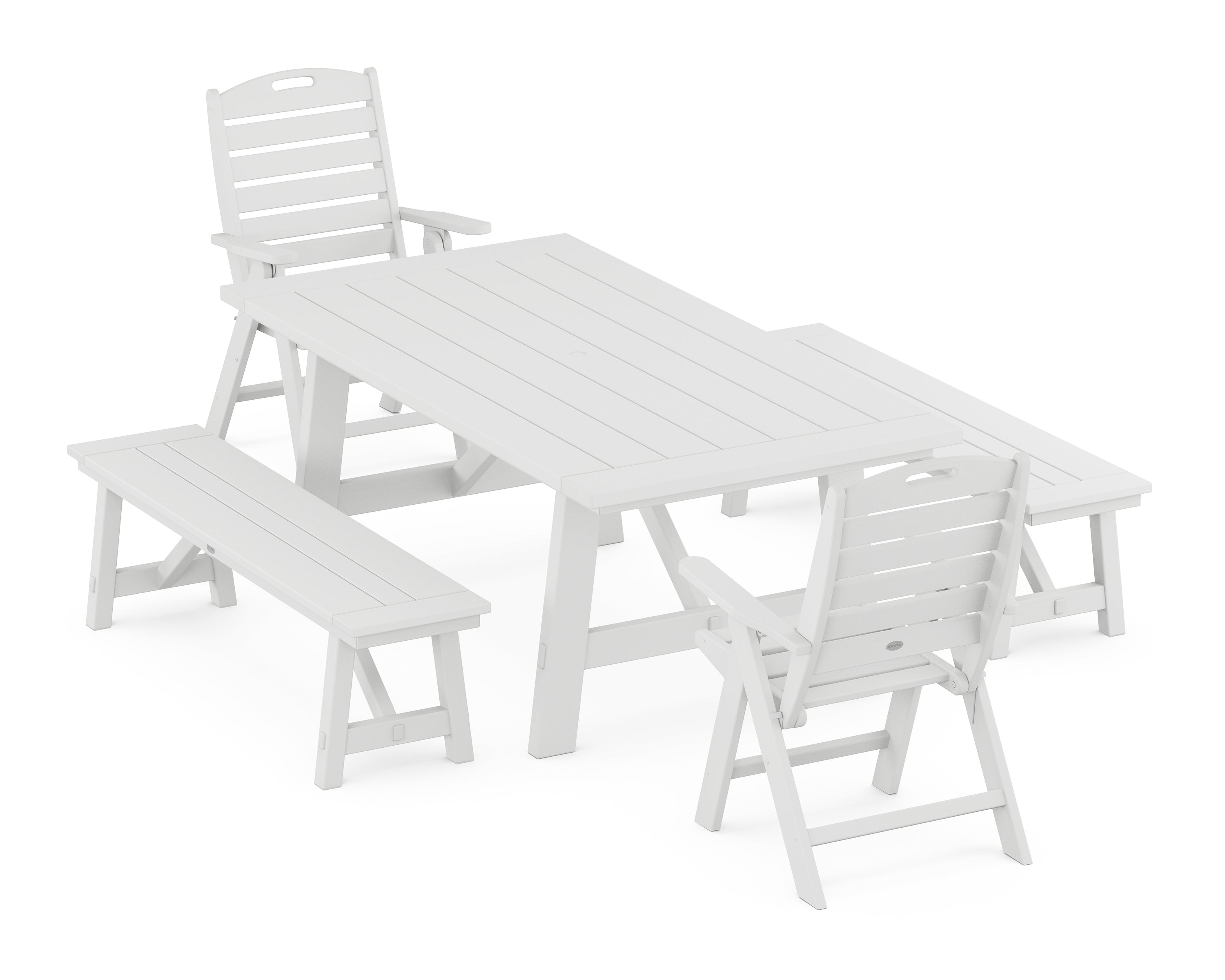 POLYWOOD Nautical Folding Highback Chair 5-Piece Rustic Farmhouse Dining Set With Benches in White