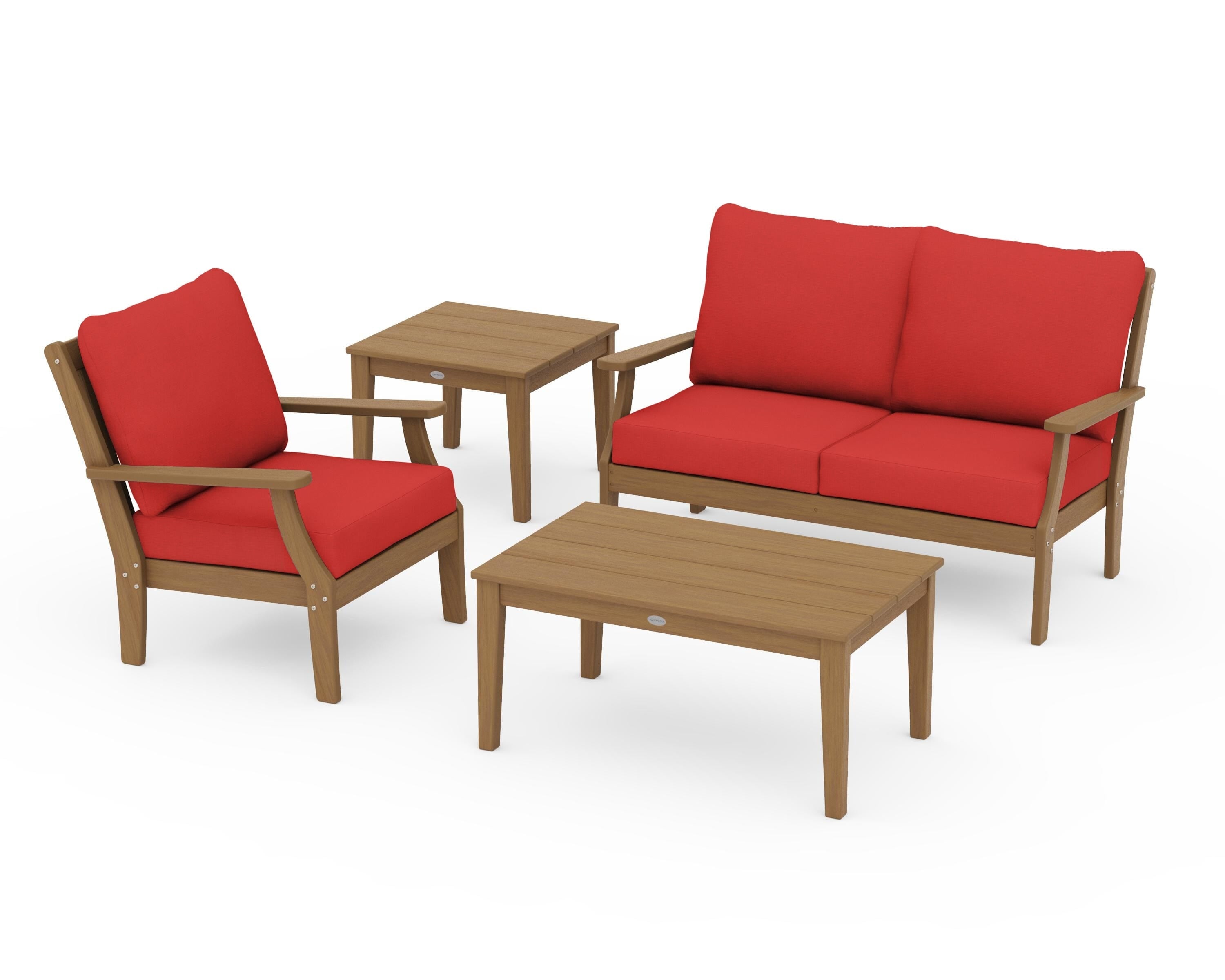 POLYWOOD Braxton 4-Piece Deep Seating Set in Natural / Crimson Linen