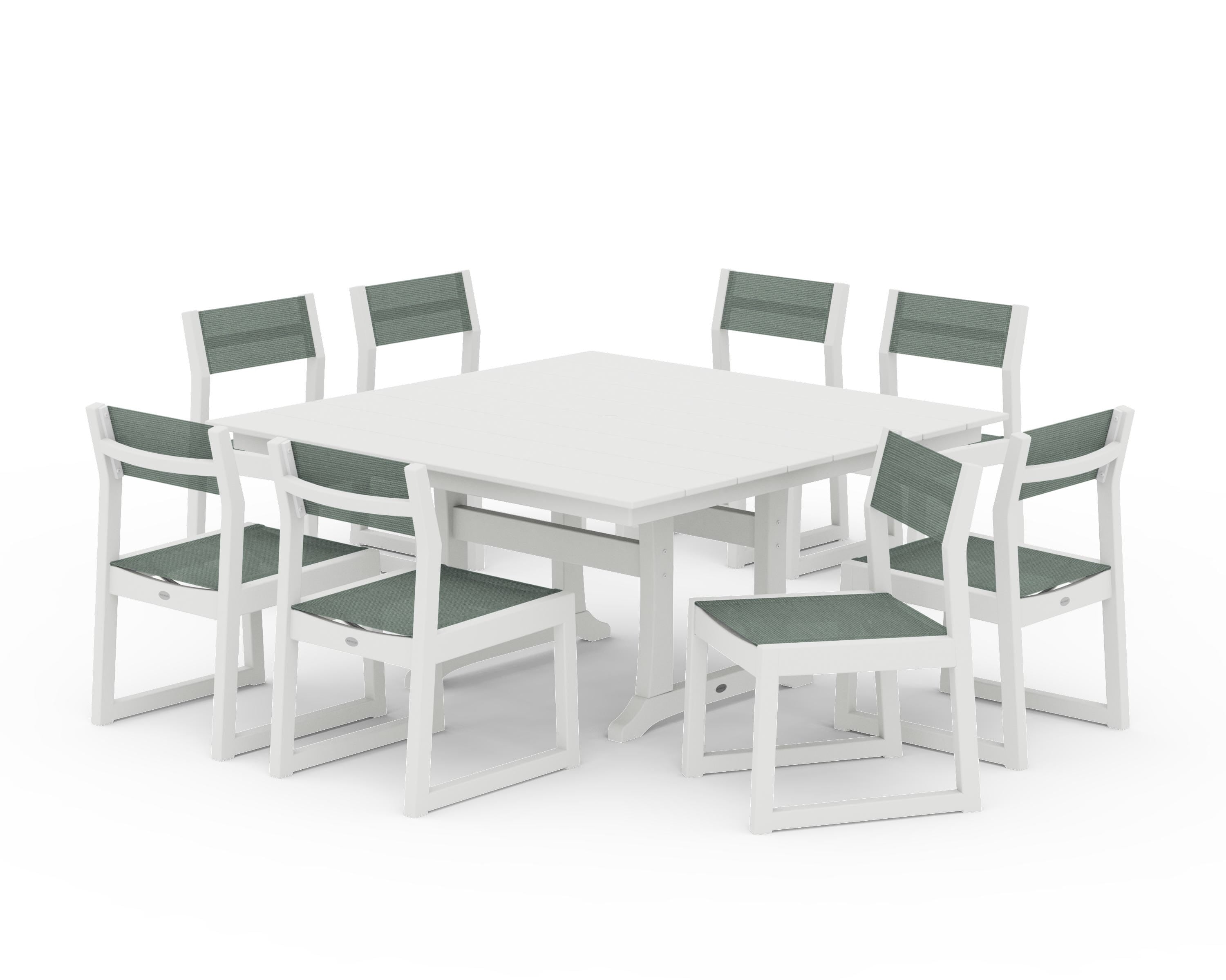 POLYWOOD EDGE Sling Side Chair 9-Piece Farmhouse Trestle Dining Set in Vintage White / Dupioni Sea Mist Sling