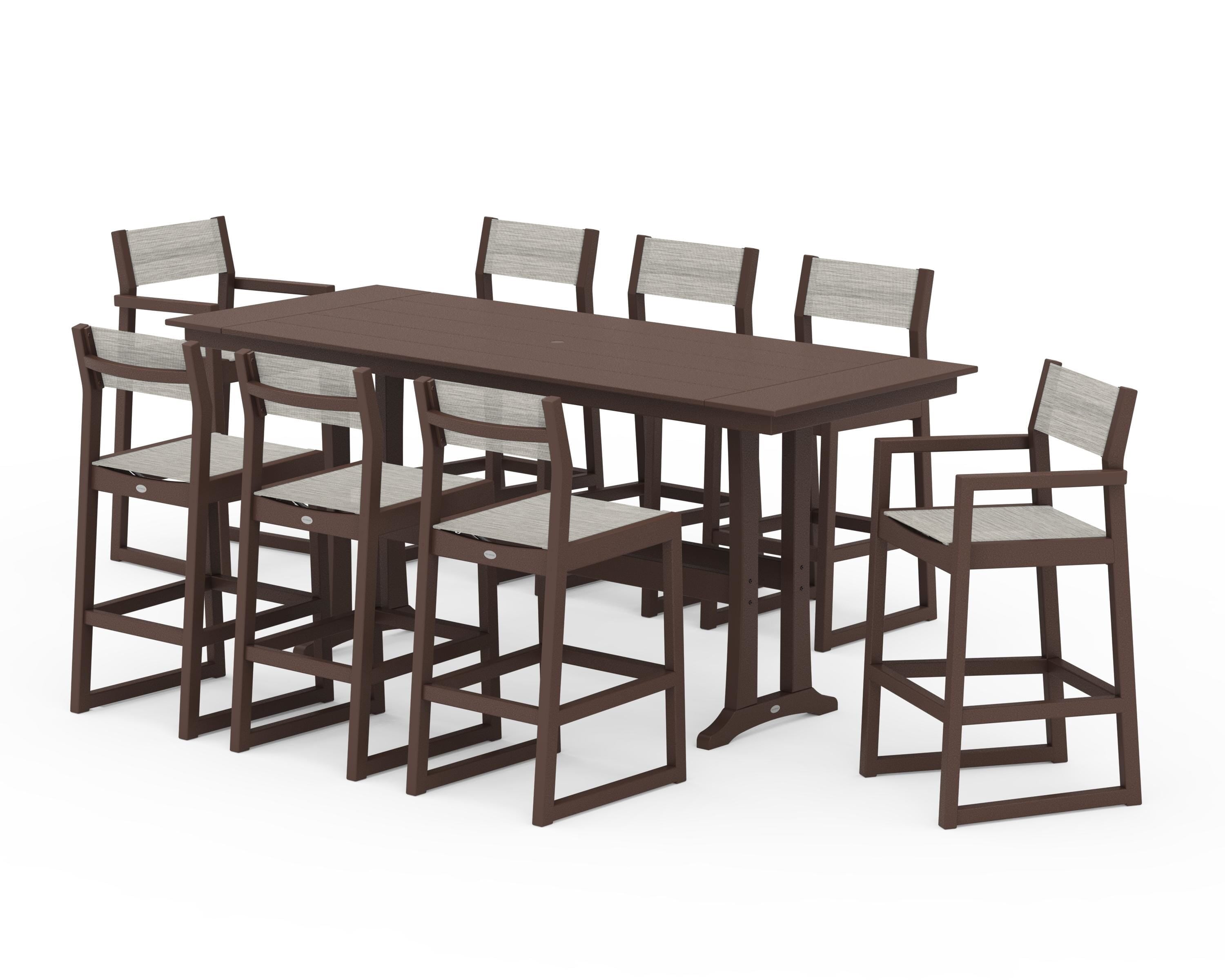 POLYWOOD EDGE Sling 9-Piece Farmhouse Bar Set with Trestle Legs in Mahogany / Birch Sling