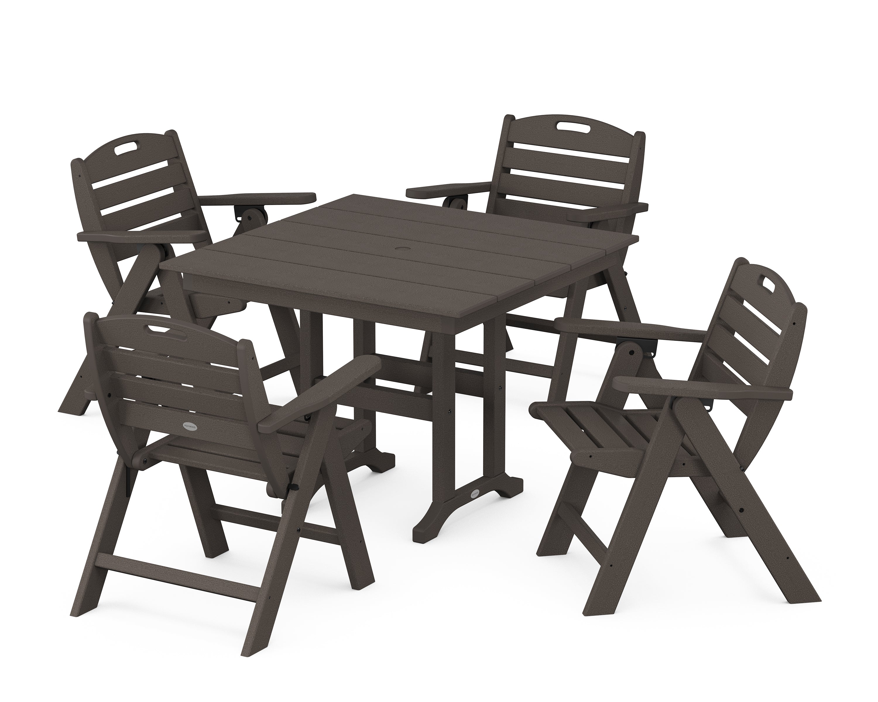 POLYWOOD® Nautical Folding Lowback Chair 5-Piece Farmhouse Dining Set in Vintage Coffee