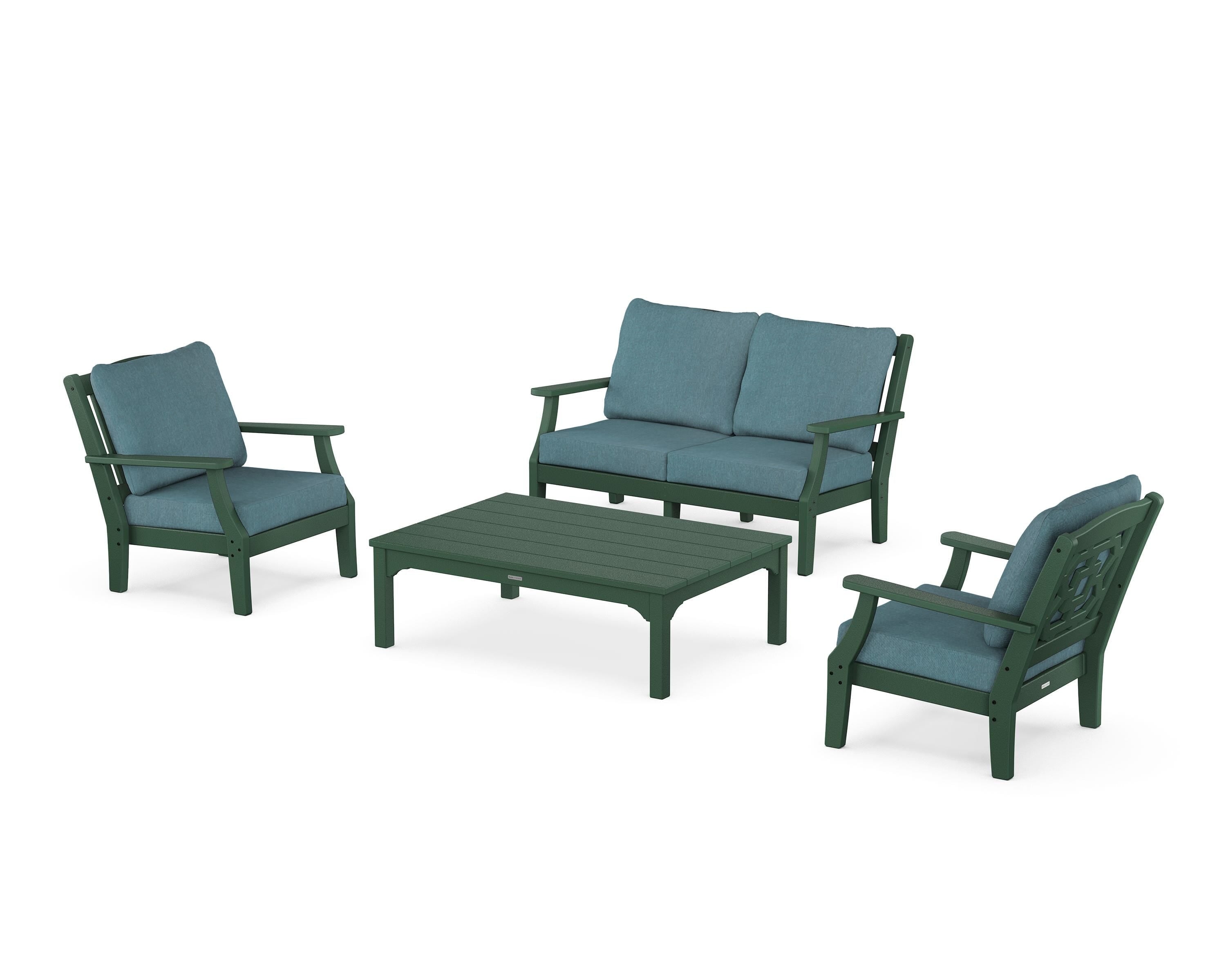 Martha Stewart by POLYWOOD Chinoiserie 4-Piece Deep Seating Set with Loveseat in Green / Ocean Teal