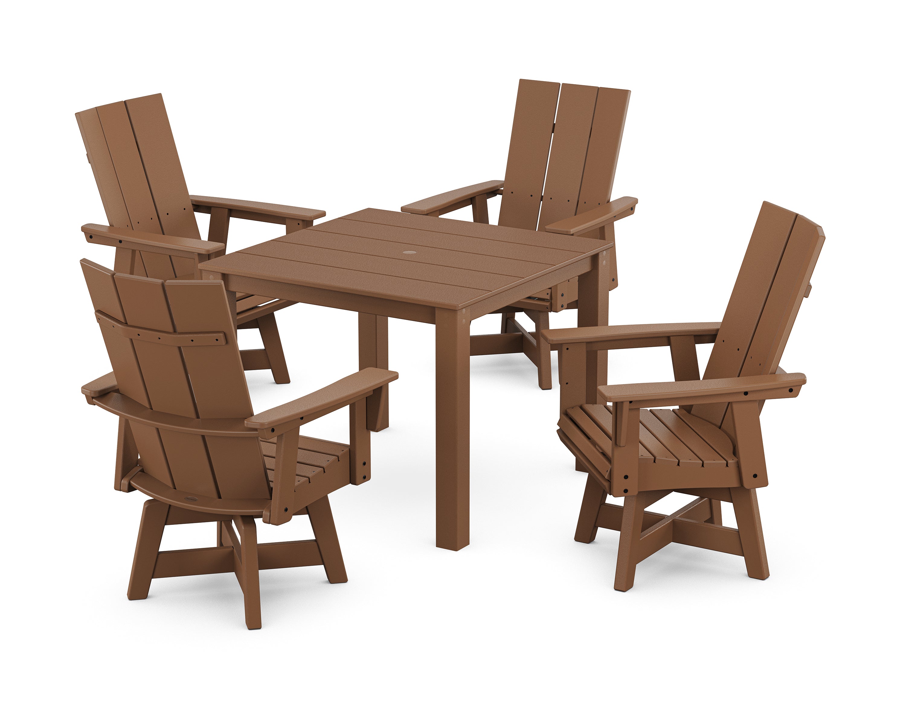POLYWOOD® Modern Curveback Adirondack 5-Piece Parsons Swivel Dining Set in Teak