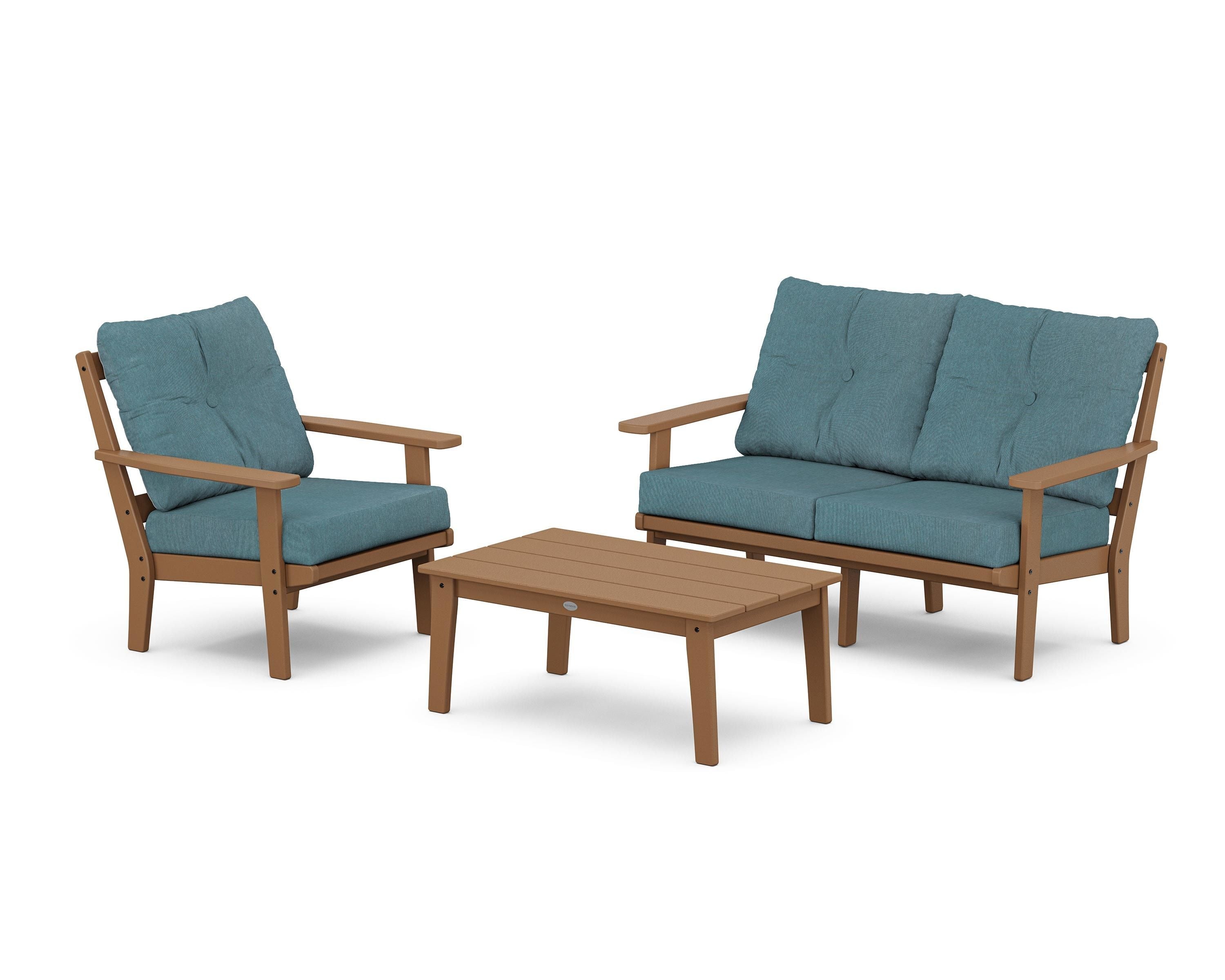 POLYWOOD Prairie 3-Piece Deep Seating Set with Loveseat in Teak / Ocean Teal