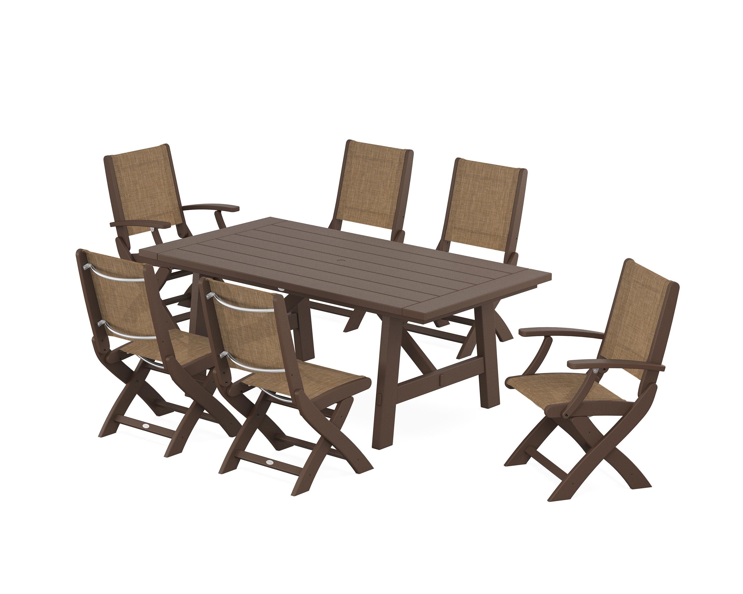 POLYWOOD Coastal Folding Chair 7-Piece Rustic Farmhouse Dining Set in Mahogany / Burlap Sling