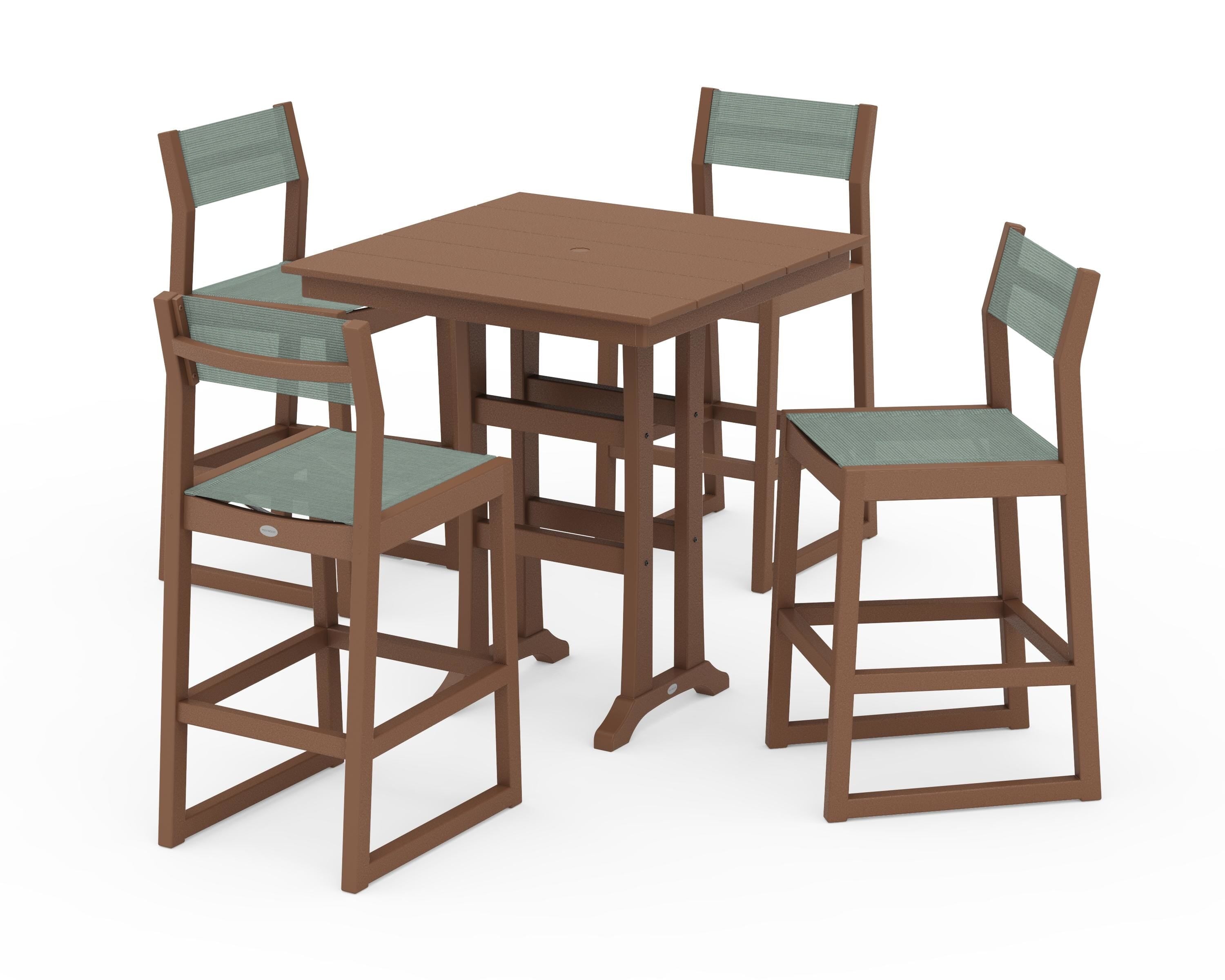 POLYWOOD EDGE Sling Arm Chair 5-Piece Farmhouse Bar Set with Trestle Legs in Teak / Dupioni Sea Mist Sling