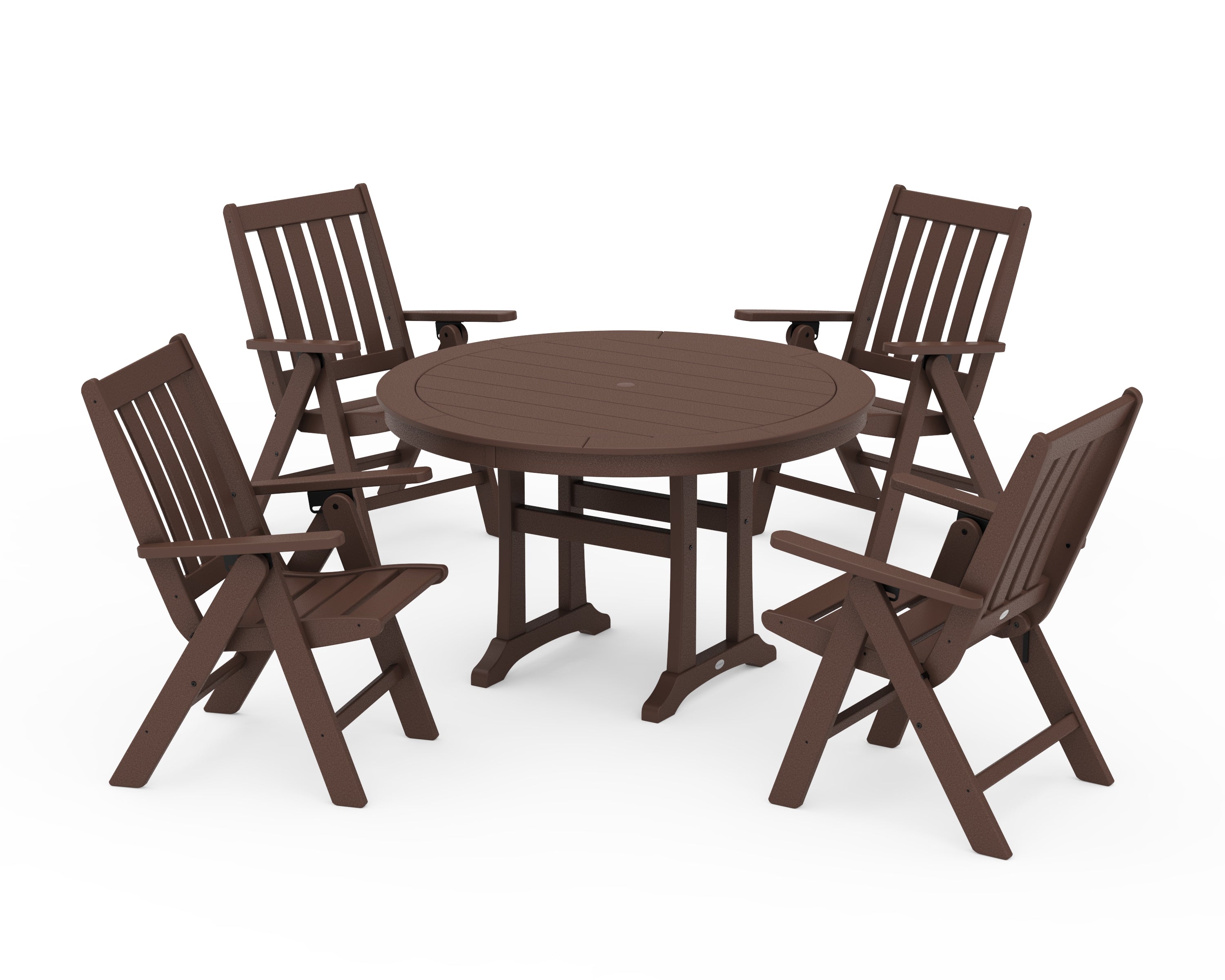 POLYWOOD Vineyard Folding Chair 5-Piece Round Dining Set with Trestle Legs in Mahogany
