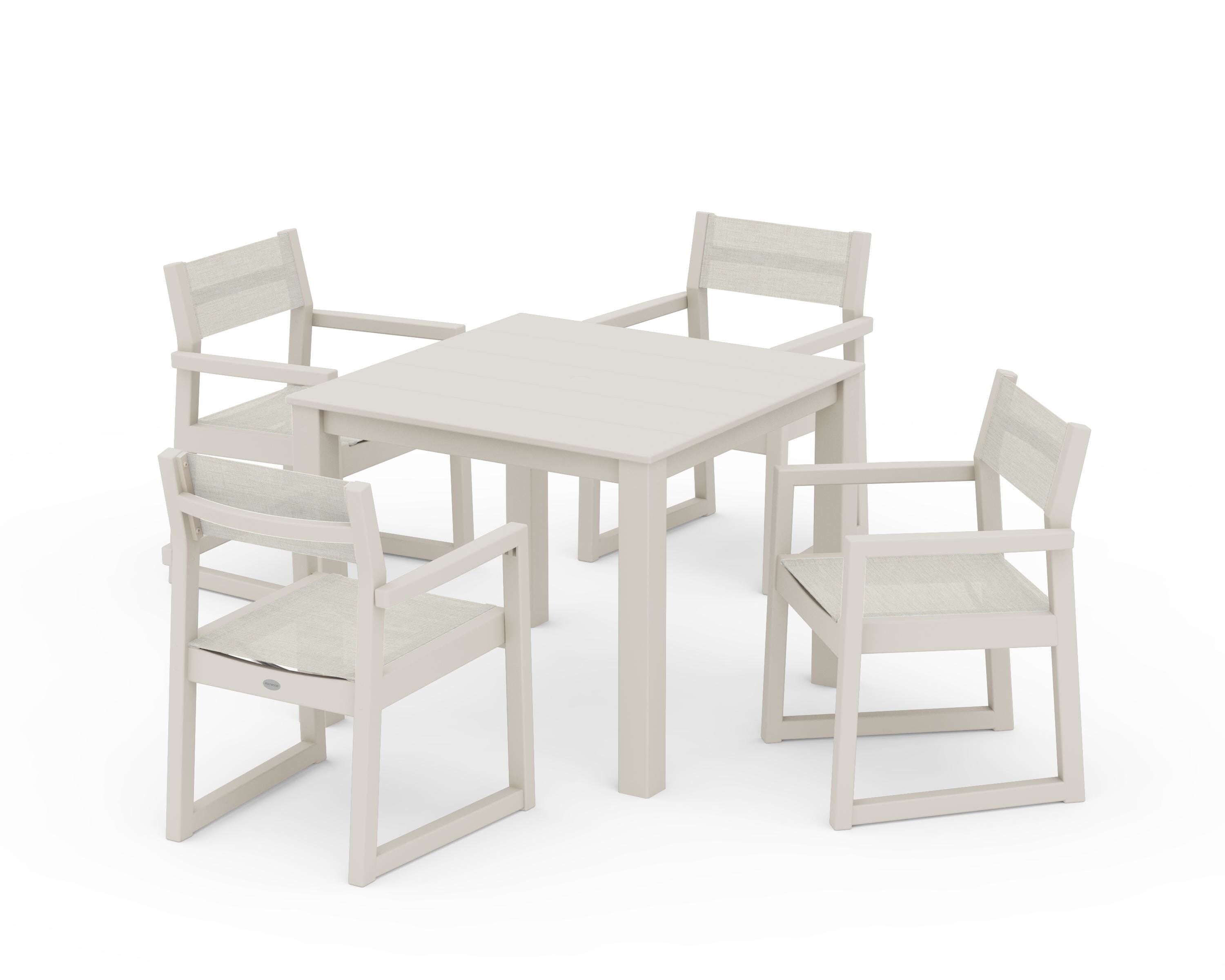 POLYWOOD EDGE Sling Arm Chair 5-Piece Parsons Dining Set in Sand / Parchment Sling