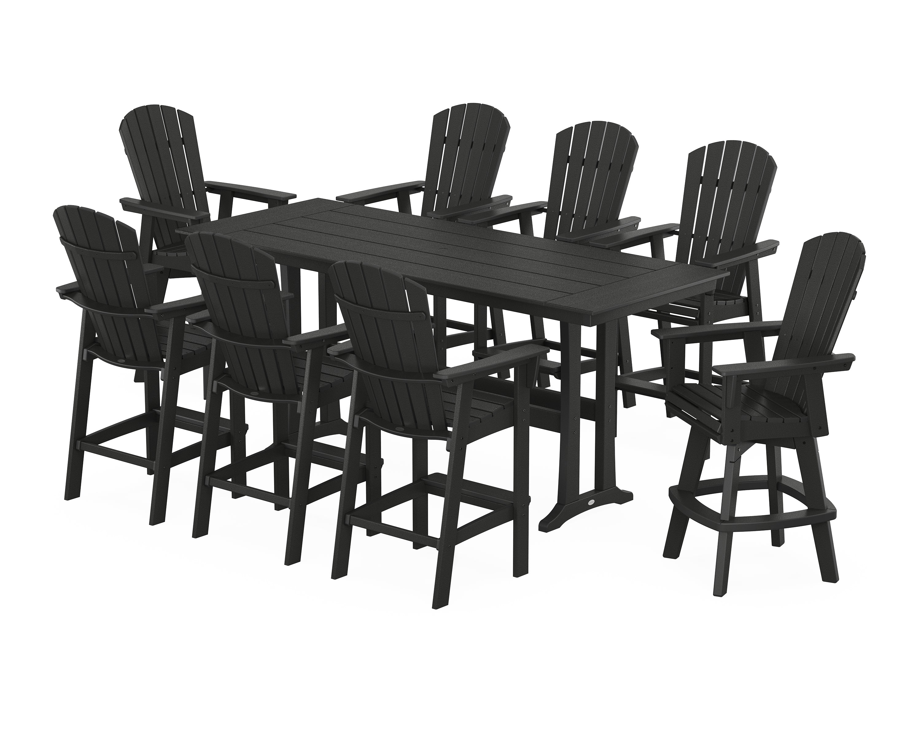 POLYWOOD® Nautical Curveback Adirondack Swivel 9-Piece Farmhouse Swivel Bar Set with Trestle Legs in Black