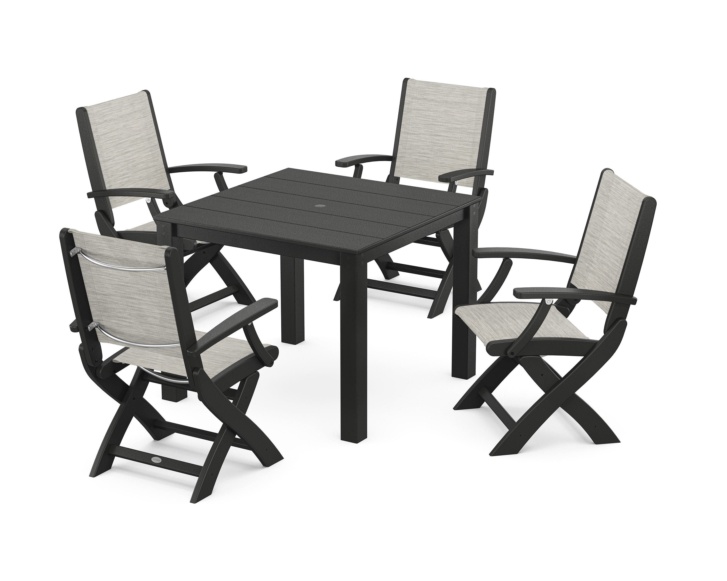 POLYWOOD Coastal Folding Chair 5-Piece Parsons Dining Set in Black / Birch Sling