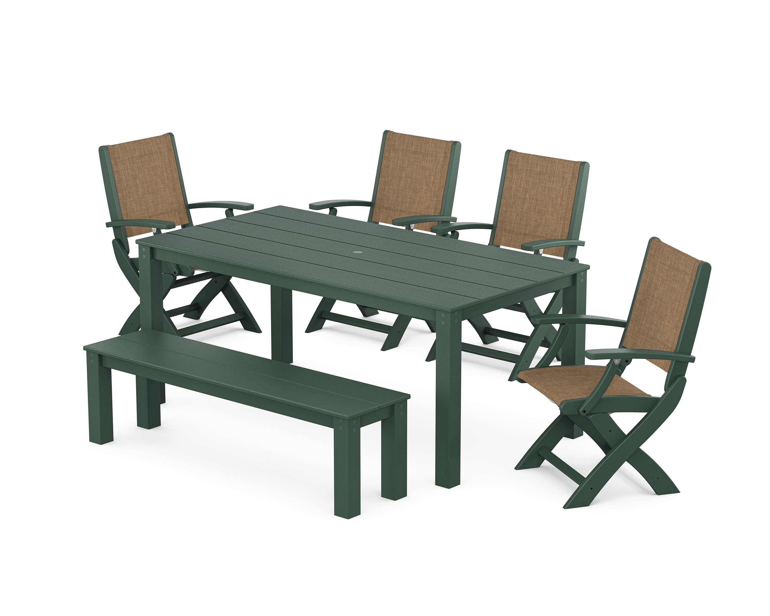 POLYWOOD Coastal Folding Chair 6-Piece Parsons Dining Set with Bench in Green / Burlap Sling