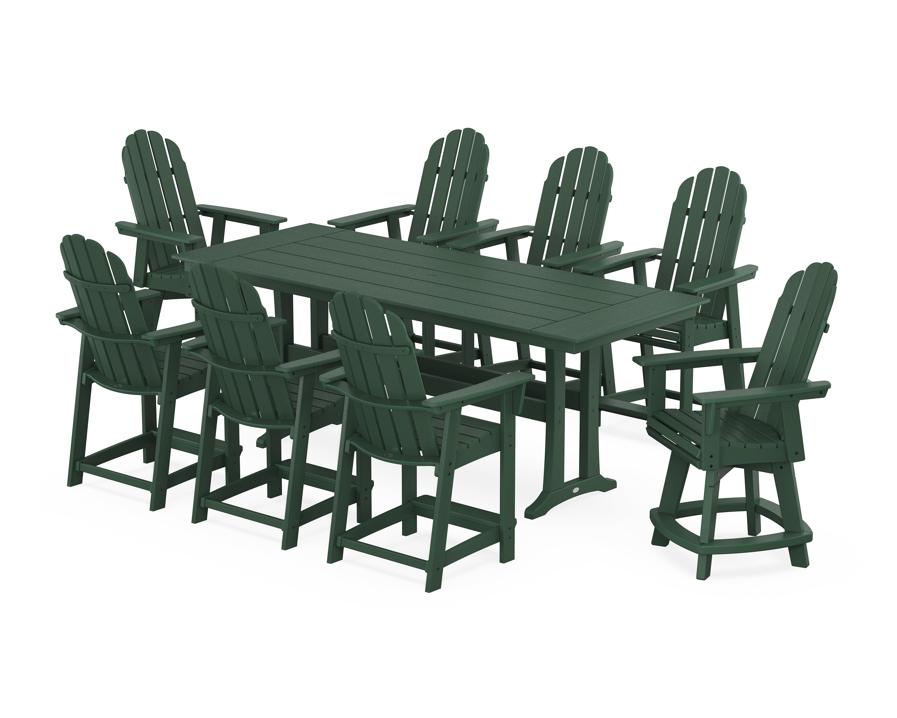 POLYWOOD® Vineyard Curveback Adirondack Swivel 9-Piece Farmhouse Counter Set with Trestle Legs in Green