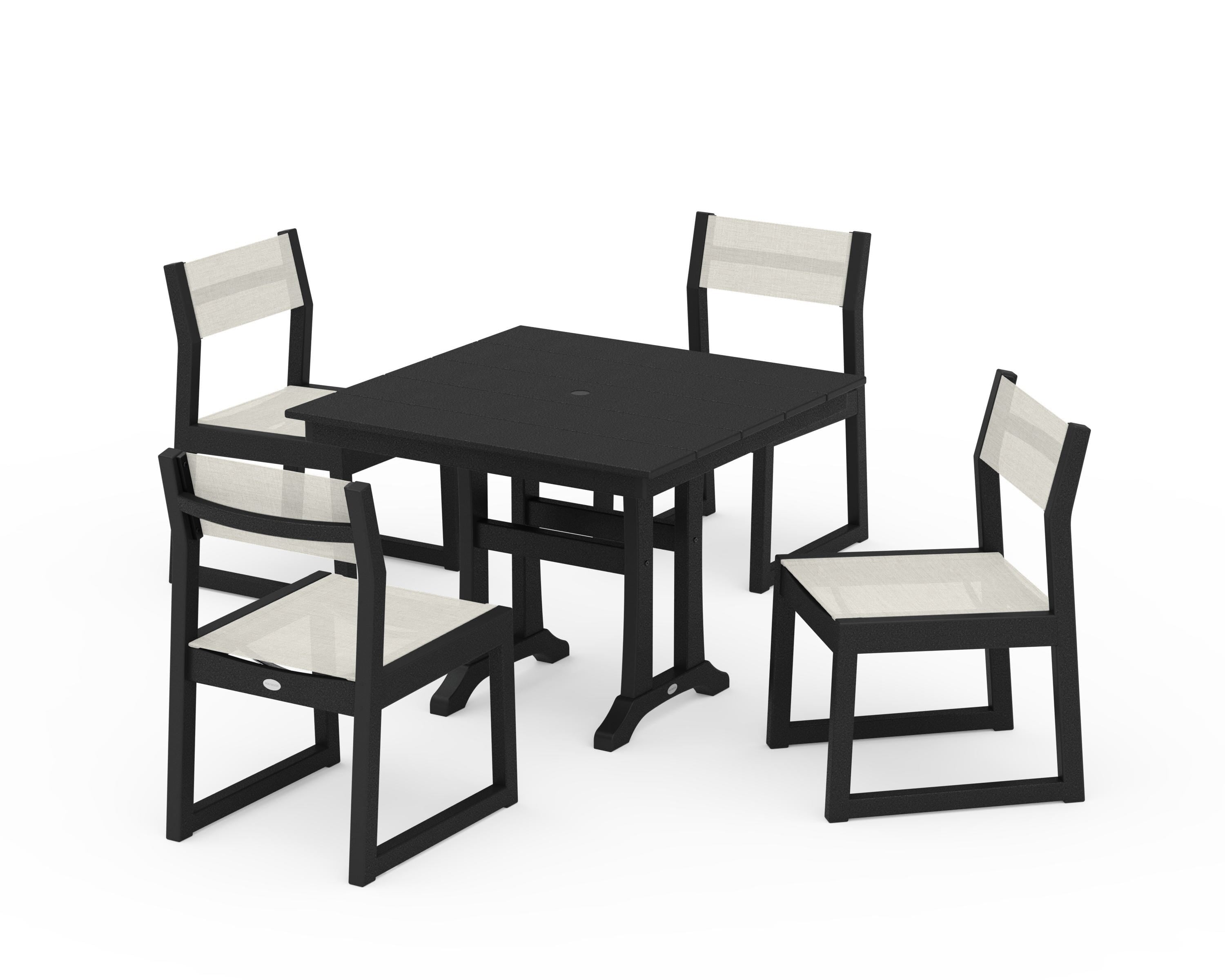 POLYWOOD EDGE Sling 5-Piece Farmhouse Trestle Side Chair Dining Set in Black / Parchment Sling