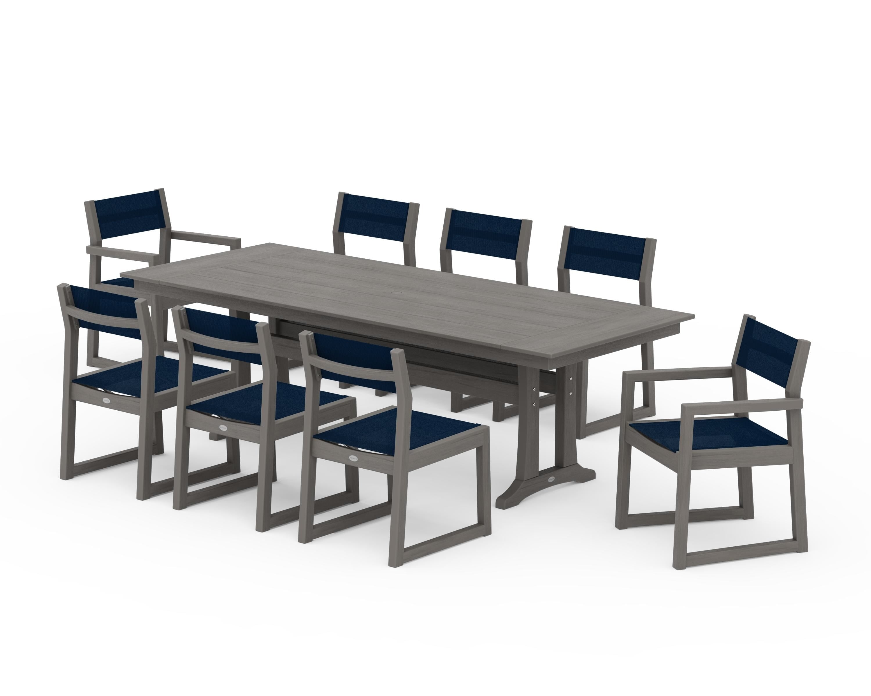 POLYWOOD EDGE Sling 9-Piece Farmhouse Trestle Dining Set in Driftwood / Navy Blue Sling