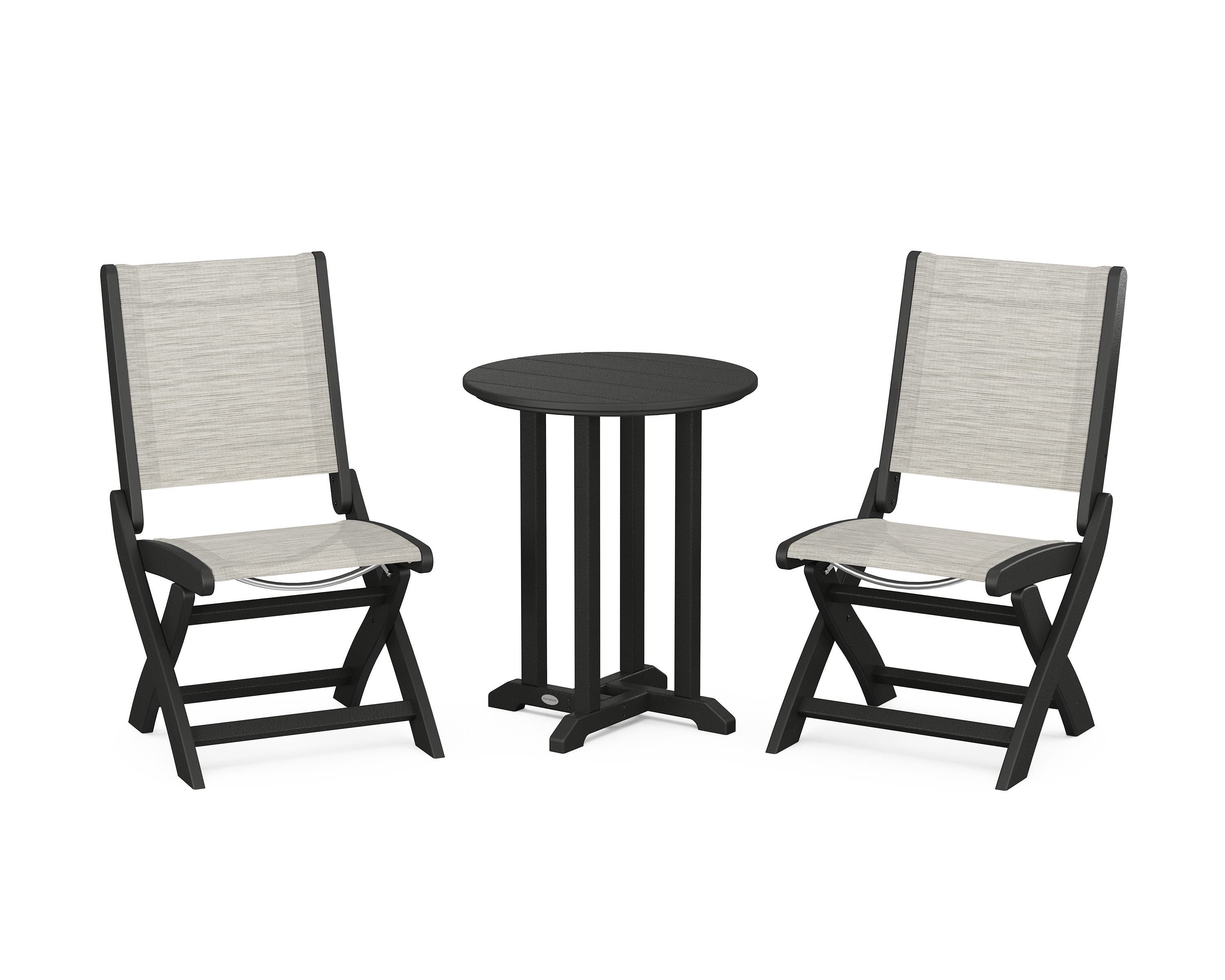 POLYWOOD Coastal Folding Side Chair 3-Piece Round Bistro Dining Set in Black / Birch Sling