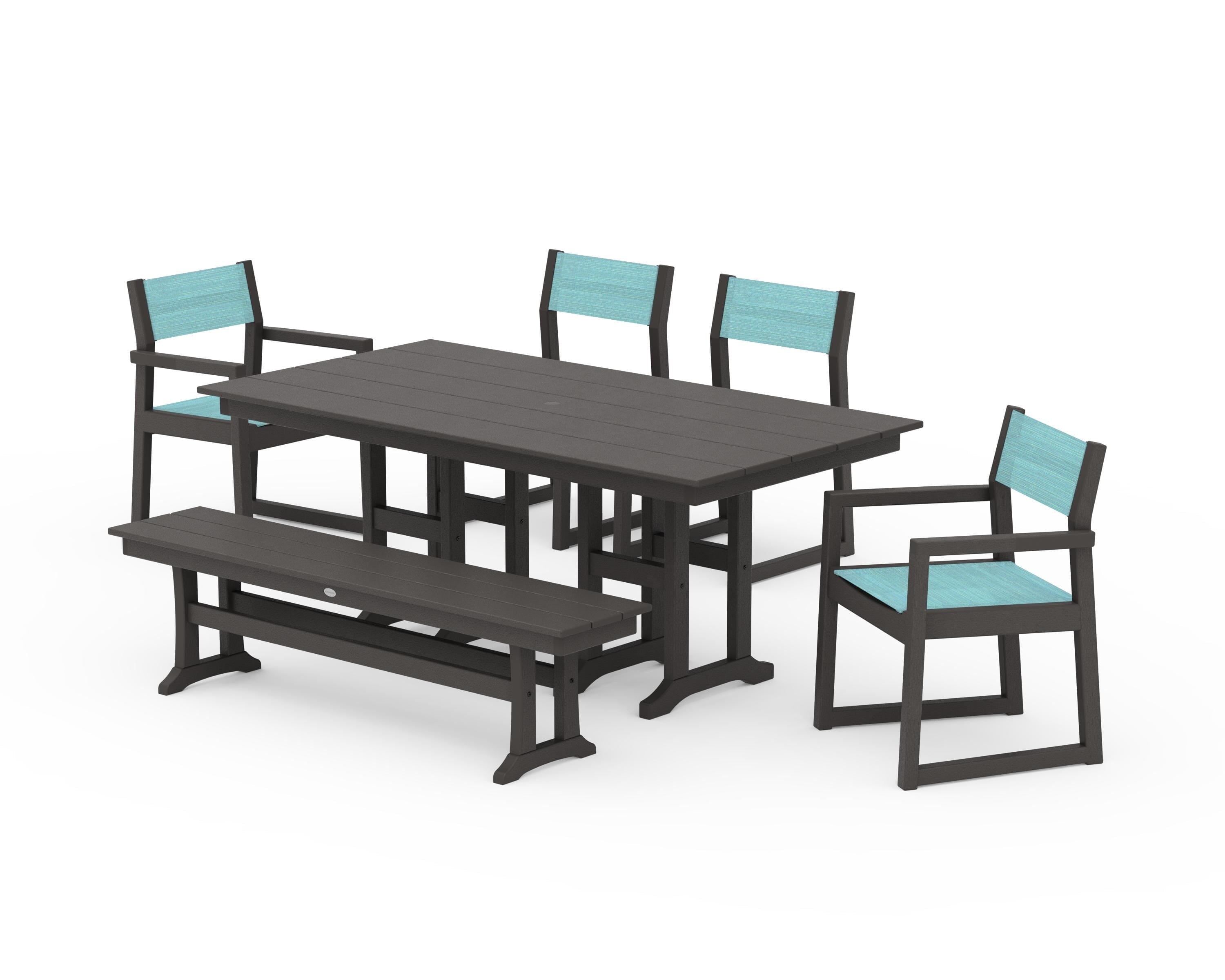 POLYWOOD EDGE Sling 6-Piece Farmhouse Dining Set in Vintage Coffee / Dupioni Aquamarine Sling