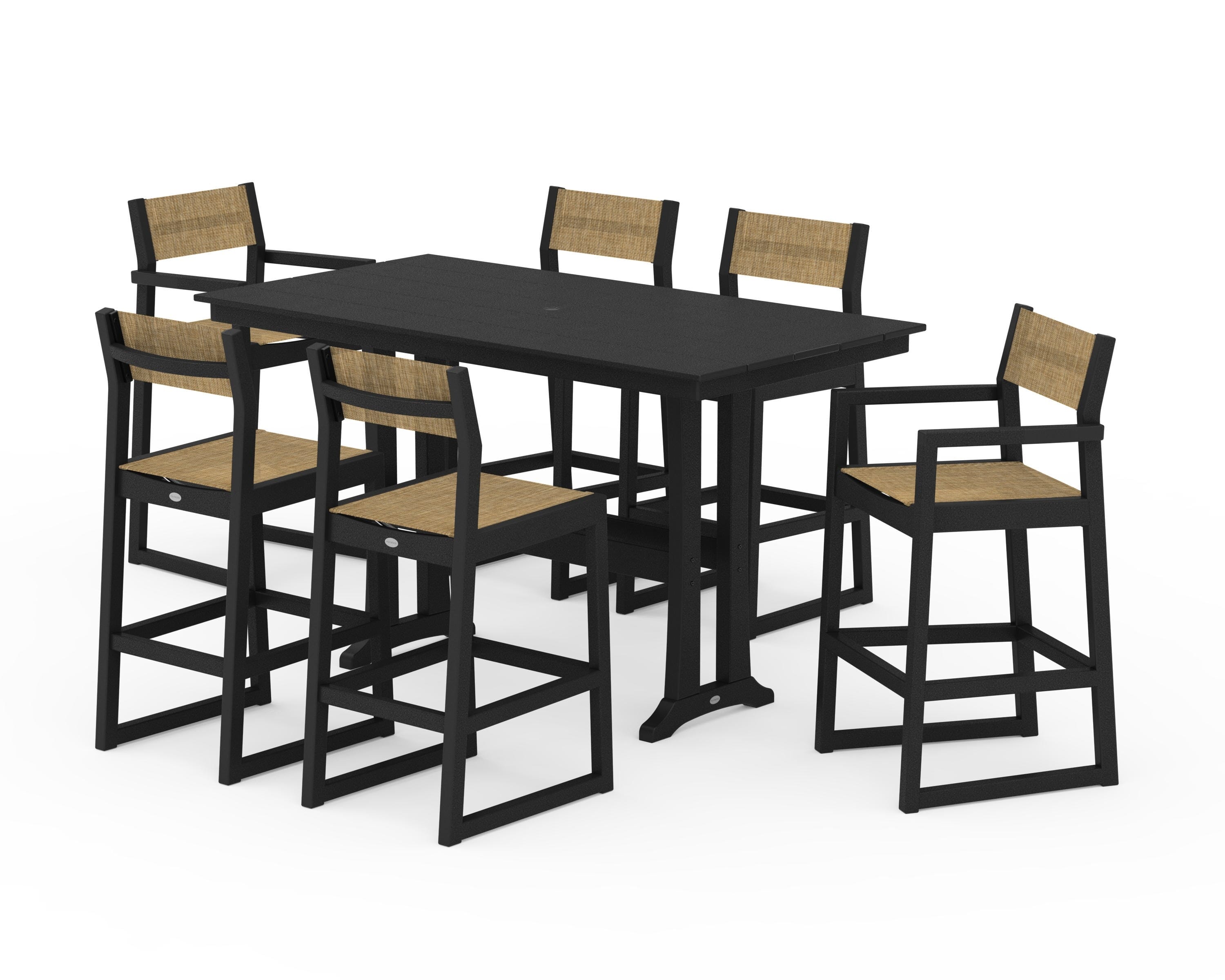 POLYWOOD EDGE Sling 7-Piece Farmhouse Bar Set with Trestle Legs in Black / Burlap Sling