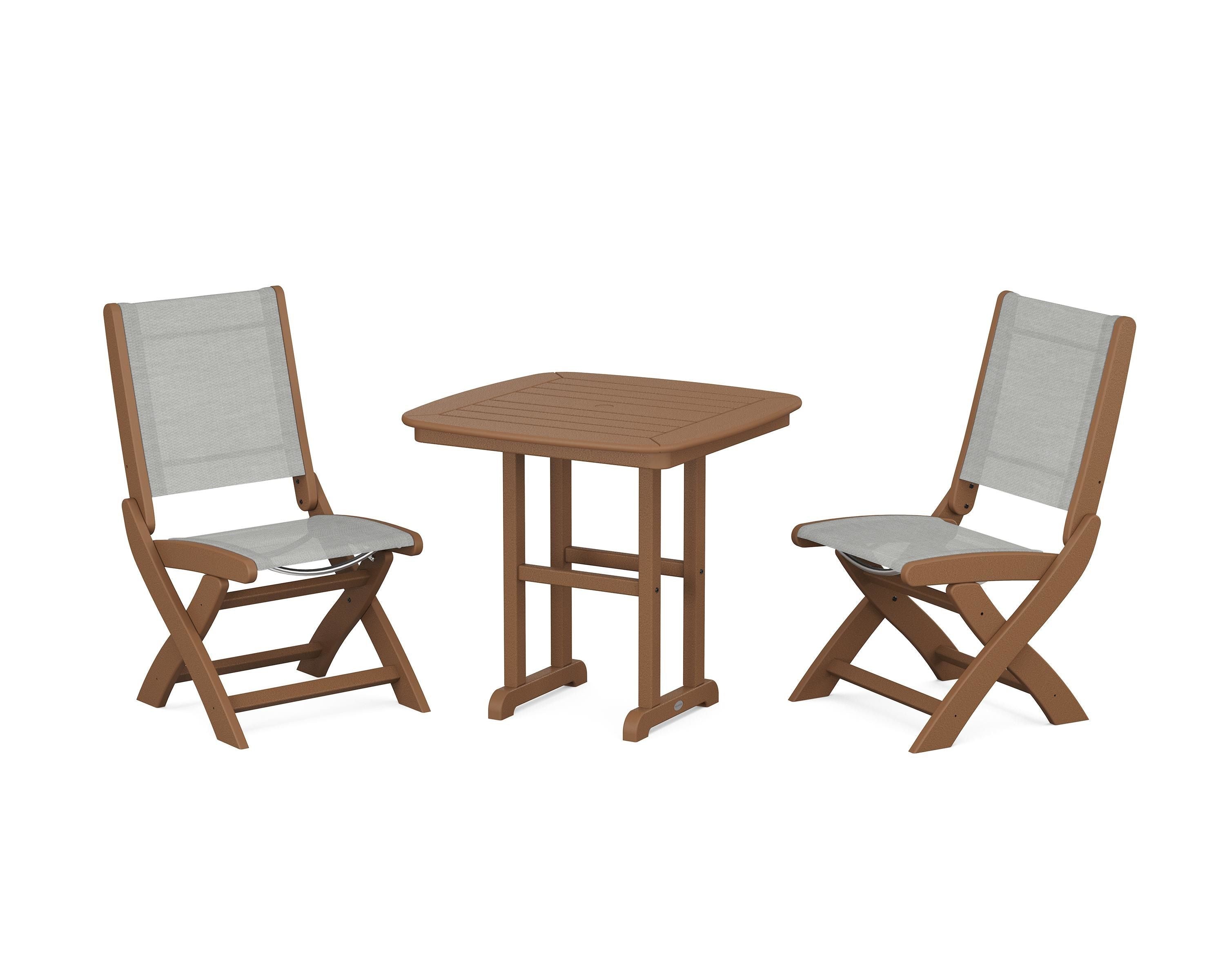 POLYWOOD Coastal Folding Side Chair 3-Piece Dining Set in Teak / Metallic Sling