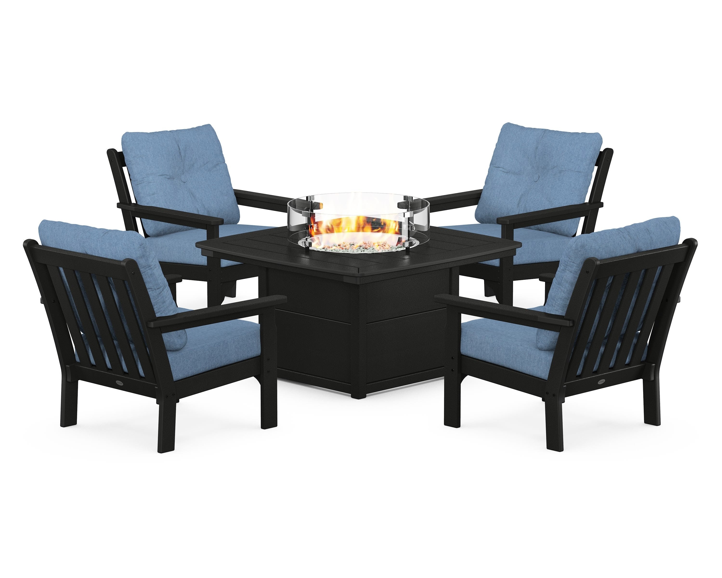 POLYWOOD Vineyard 5-Piece Conversation Set with Fire Pit Table in Black / Sky Blue
