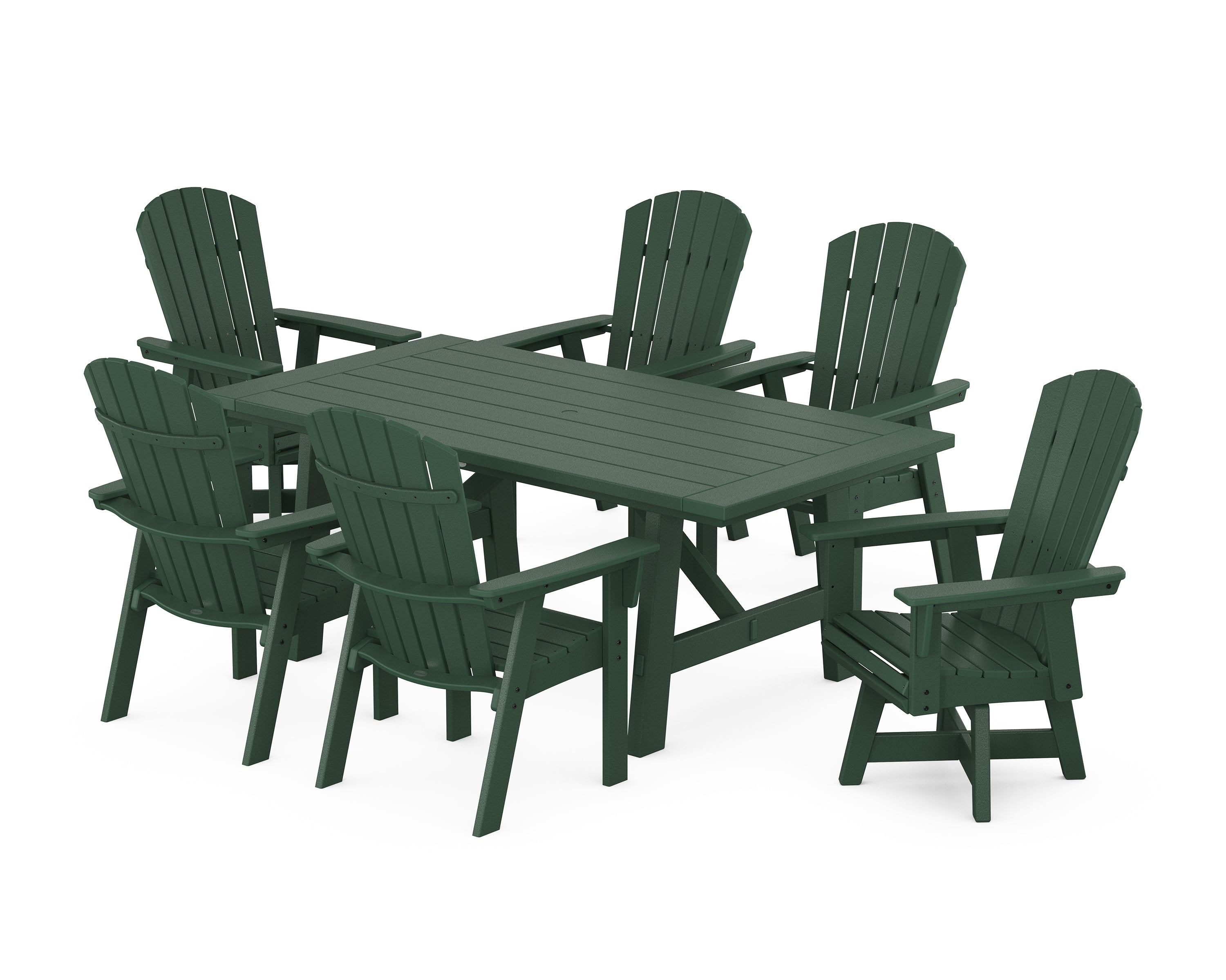 POLYWOOD Nautical Curveback Adirondack Swivel Chair 7-Piece Rustic Farmhouse Dining Set in Green