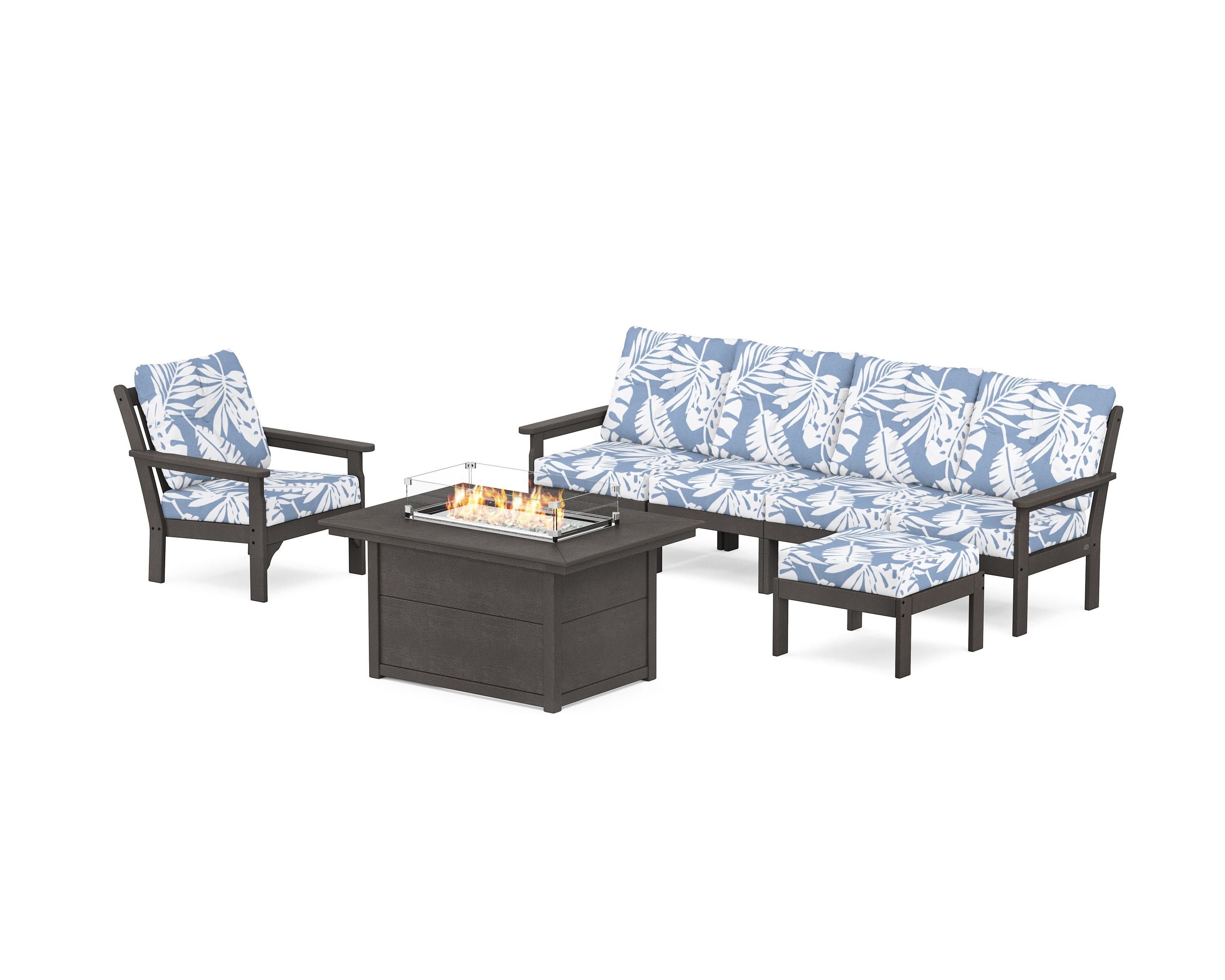 POLYWOOD Vineyard Sectional Lounge and Fire Pit Set in Vintage Coffee / Leaf Sky Blue