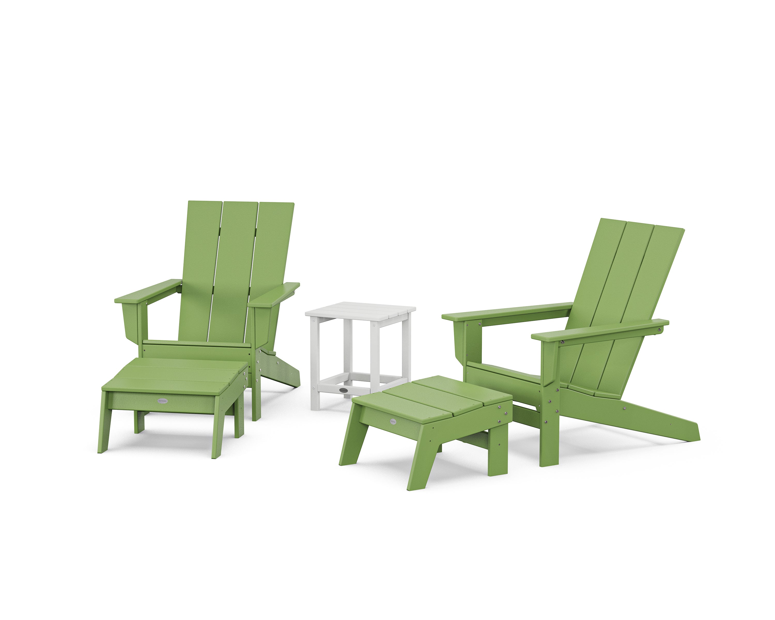 POLYWOOD 5-Piece Modern Studio Adirondack Set with Ottomans and Side Table in Lime / White