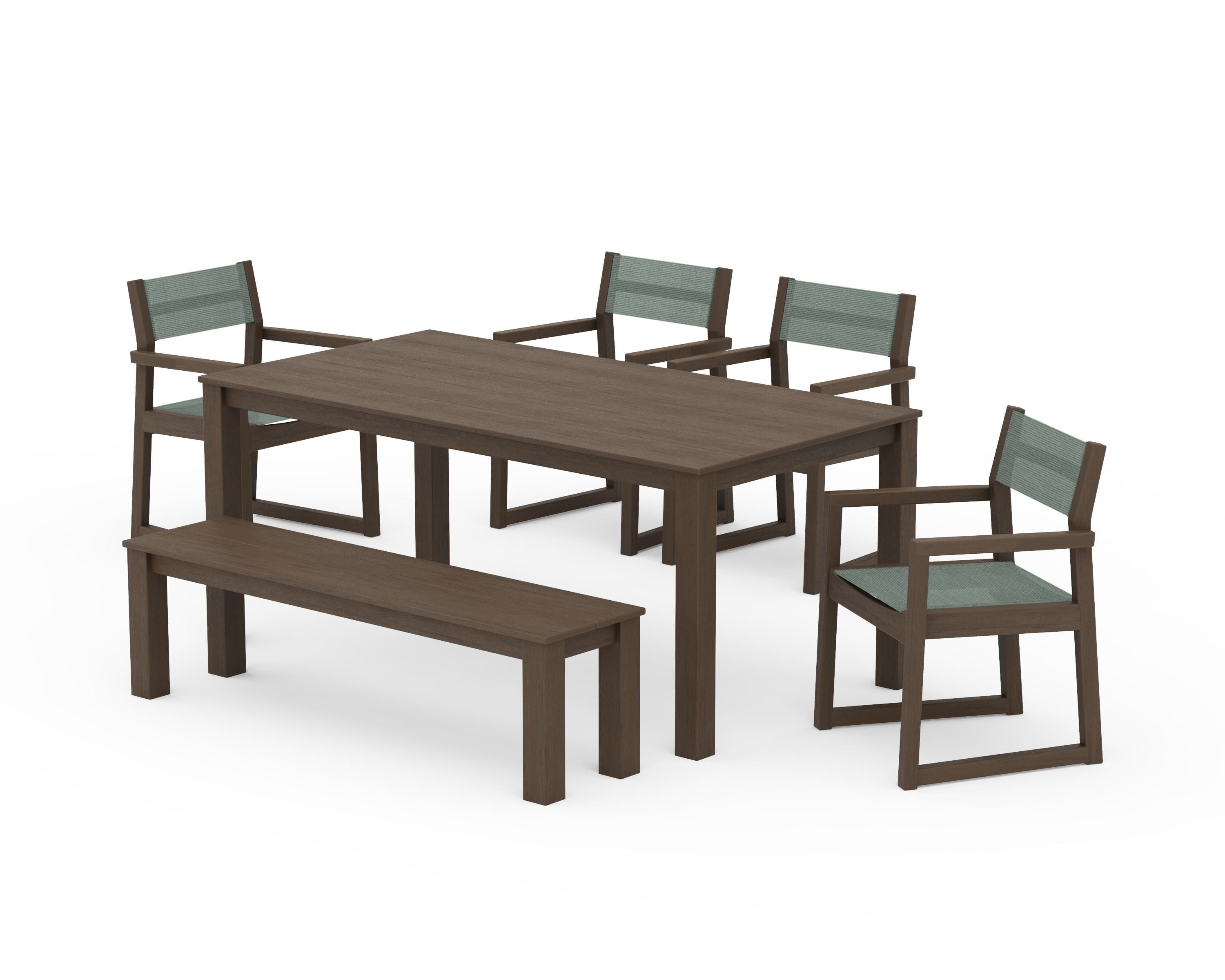 POLYWOOD EDGE Sling Arm Chair 6-Piece Parsons Dining Set with Bench in Kona / Dupioni Sea Mist Sling